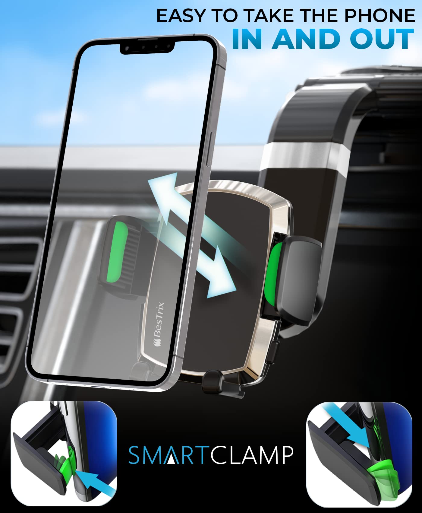 Bestrix SmartClamp Car Phone Mount | Dashboard Cell Phone Car Phone Holder Compatible with iPhone 13 12 11 Pro, Xr, Xs, XS MAX,XR,X, Galaxy S20 Note