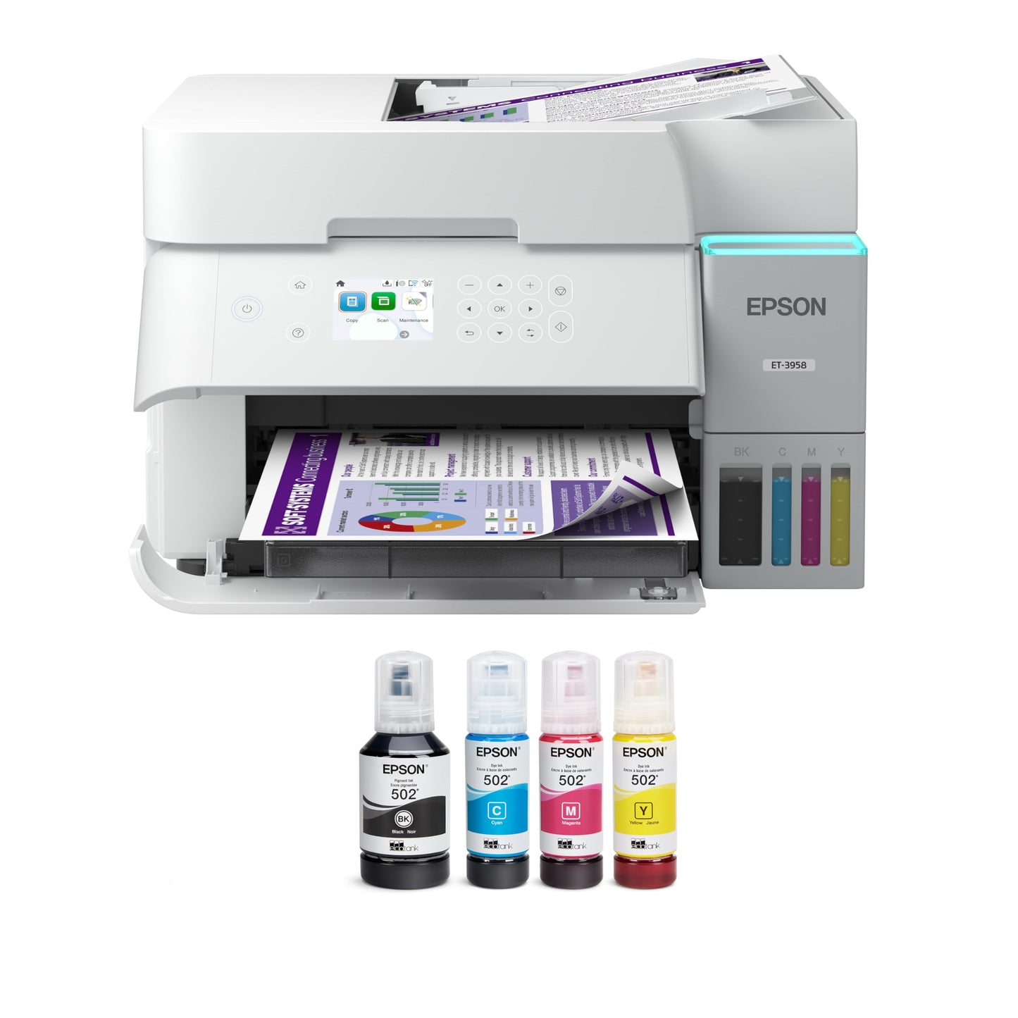 Epson EcoTank ET-3958 Wireless All-in-One Color Supertank Printer with up to 3 Years of Ink, Refillable Tanks, Perfect for Home Office, 18 PPM, 2.4"