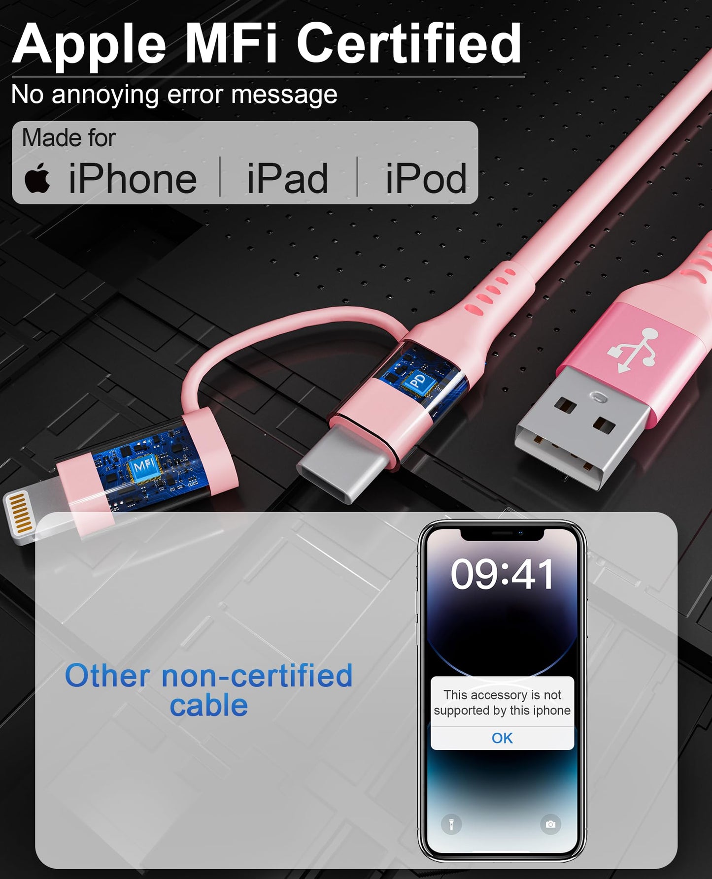 2-in-1 Coiled USB-C & Lightning Pink iPhone Car Charger - Pink Charger for iPhone 16/15/14/Android, Apple CarPlay & Android Auto Supported, Short…