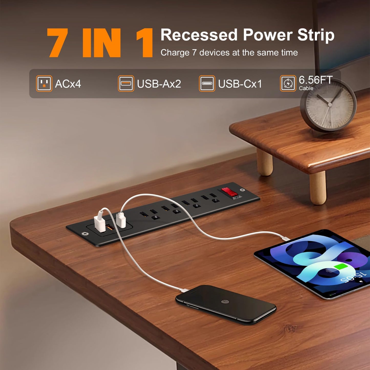 4 Outlets Recessed Power Strip with USB C 20W, Fast Charge Desktop Power Outlet Flush Mount Desk Extender 6.56 ft Extension Cord Plug in Furniture