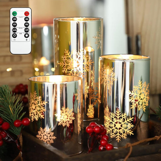 FLAVCHARM Snowflake LED Flameless Candles with Remote and Timer, Electroplate Glass Candles Operated by Battery, Christmas LED Flickering Candles