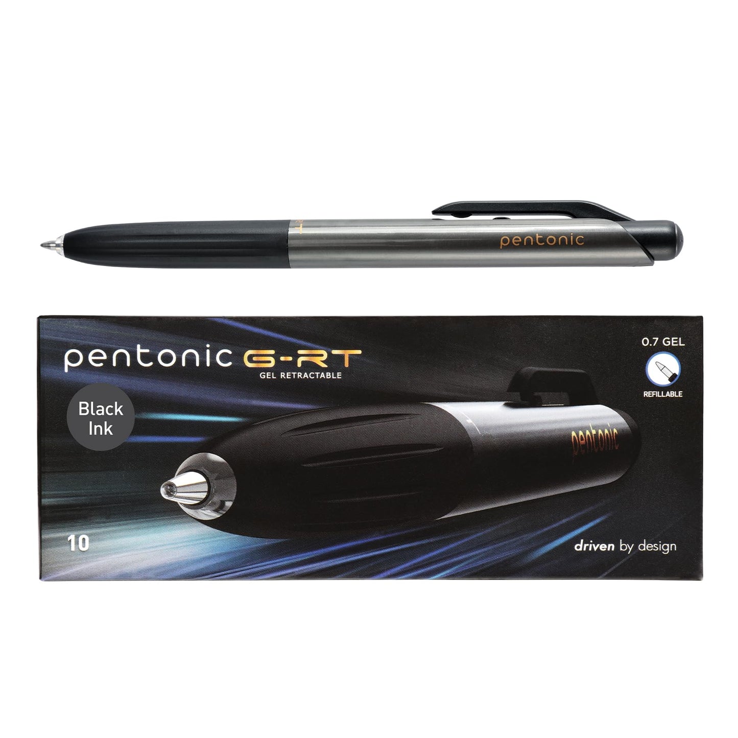 Pentonic G-RT Retractable Gel Pens, 10 Count, Black Ink, 0.7 mm Fine Point, Smooth Writing For Journaling, Note Taking, Office & School (1002363)