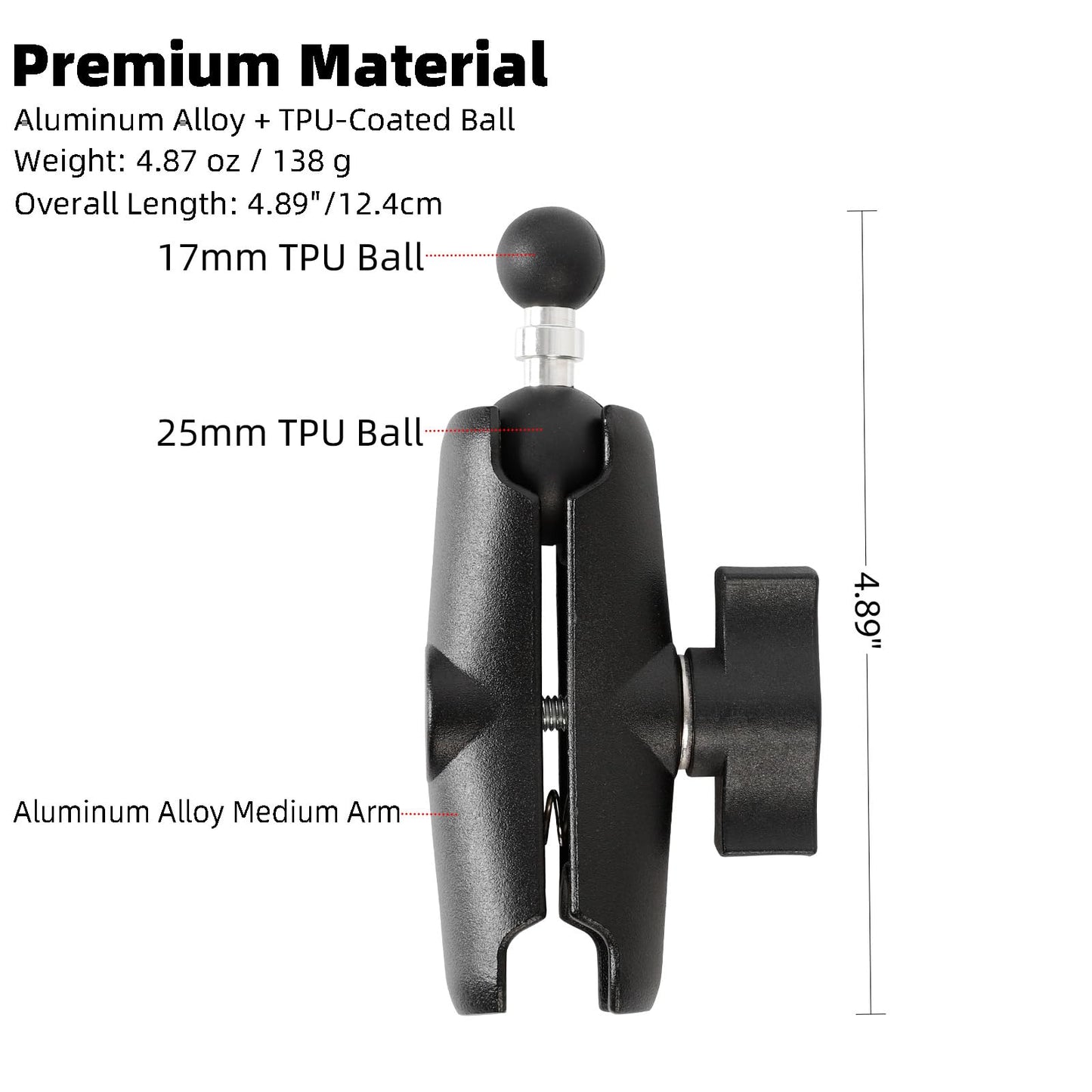FPN 1 inch to 17mm Ball Adapter with 3.54" Medium Double Socket Arm, Compatible with RAM B Size Mounts, Fits Garmin GPS Mount and 17mm Swivel Ball