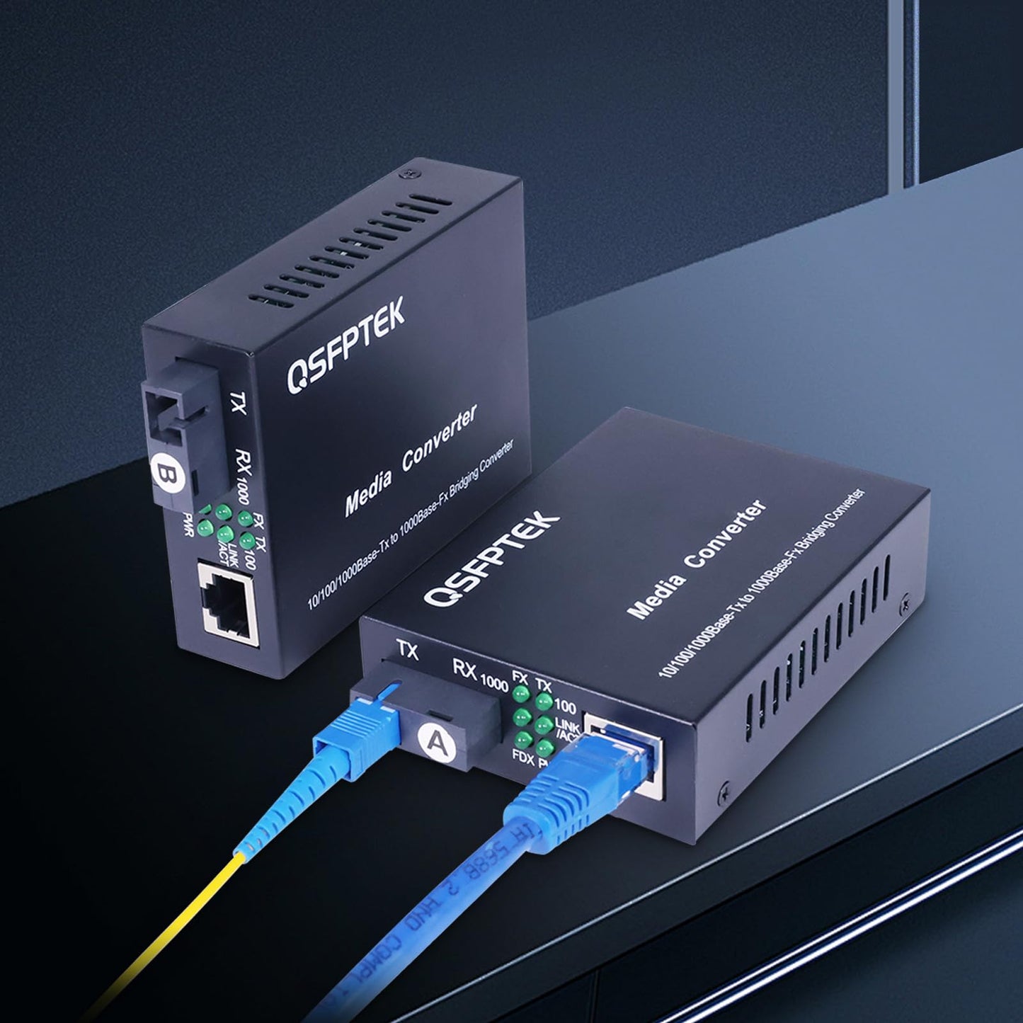 QSFPTEK A Pair 1.25G/s Bidi Fiber Media Converter, Gigabit Media Converter, 10/100/1000Base-Tx to 1000Base-FX Fiber Ethernet Coverter, Singlemode SC