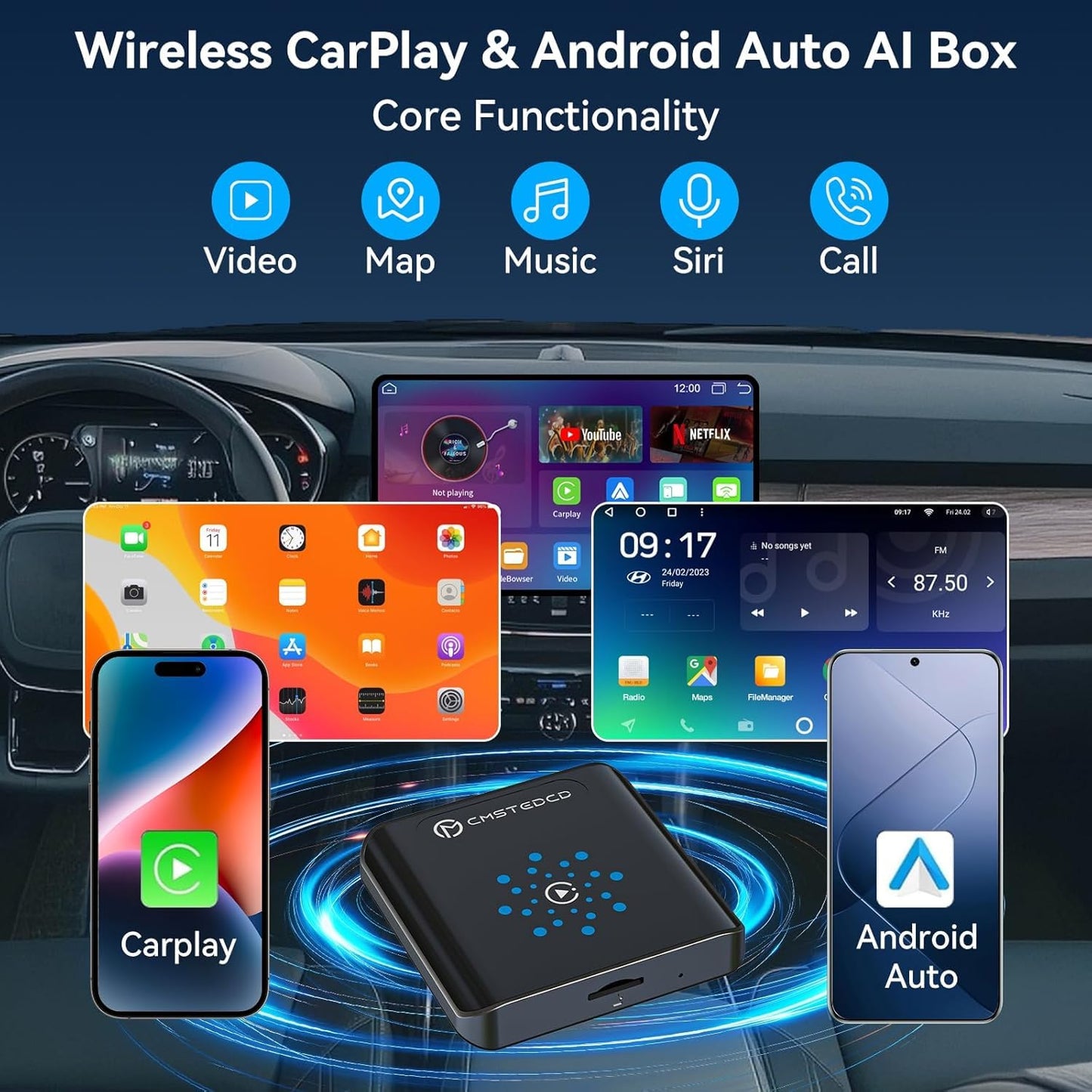 Magic CarPlay AI Box, Wireless CarPlay & Android Auto Adapter with Netflix/YouTube/TikTok, Plug & Play, Car Play Wireless Adapter Compatible