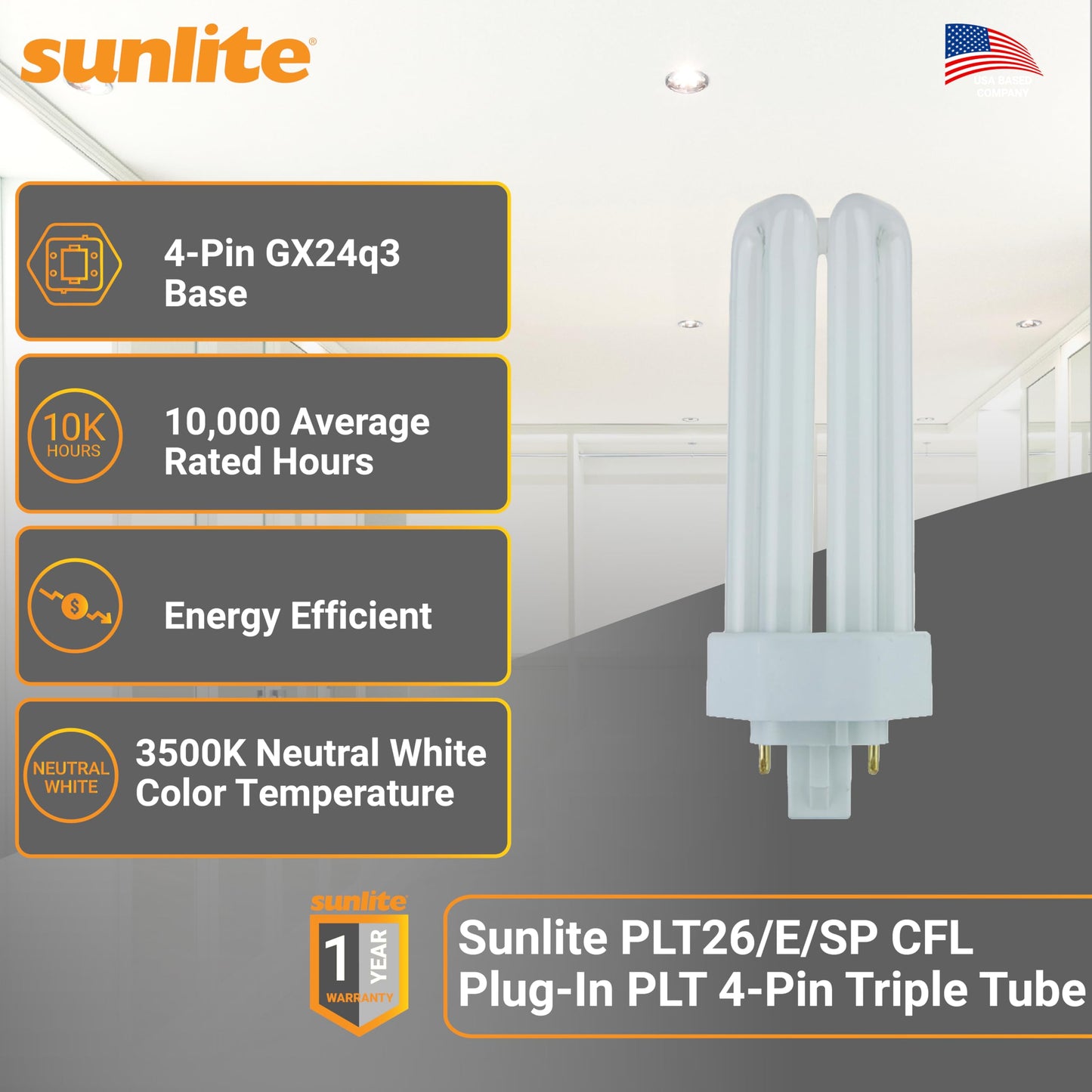 Sunlite PLT26/E/SP Compact Fluorescent Plug-in PLT 4-Pin Triple Tube, 26 Watts, 4-Pin GX24q3 Base, 1800 Lumens, 3500K Neutral White, 10 Pack