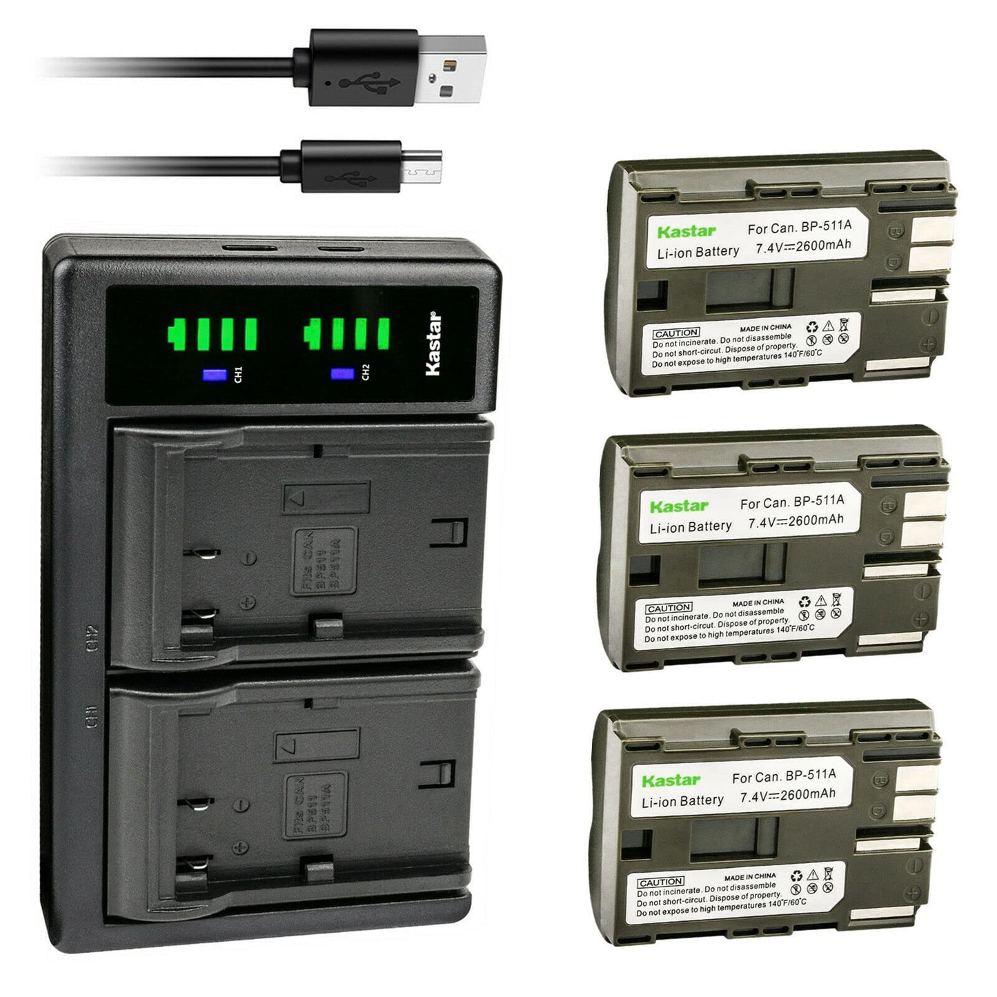 Kastar 3-Pack Battery Charger Replacement for Canon BP-508, BP-511, BP-512, BP-514, BP-522, BP-535, Canon CB-5L, CG-580 Charger, Battery Grip BG-E2N