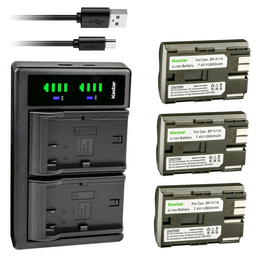 Kastar 3-Pack Battery Charger Replacement for Canon BP-508, BP-511, BP-512, BP-514, BP-522, BP-535, Canon CB-5L, CG-580 Charger, Battery Grip BG-E2N