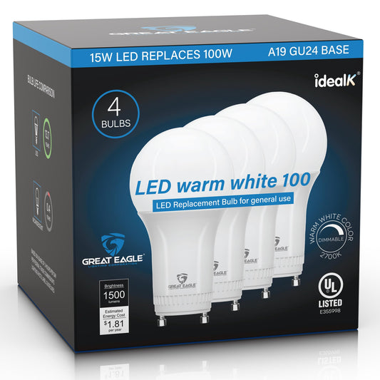 Great Eagle Lighting Corporation 15W (100W Equivalent) GU24 LED Light Bulb Dimmable 2700K Warm White, UL, Replace CFL Twist-in 2 Prong (4-Pack)