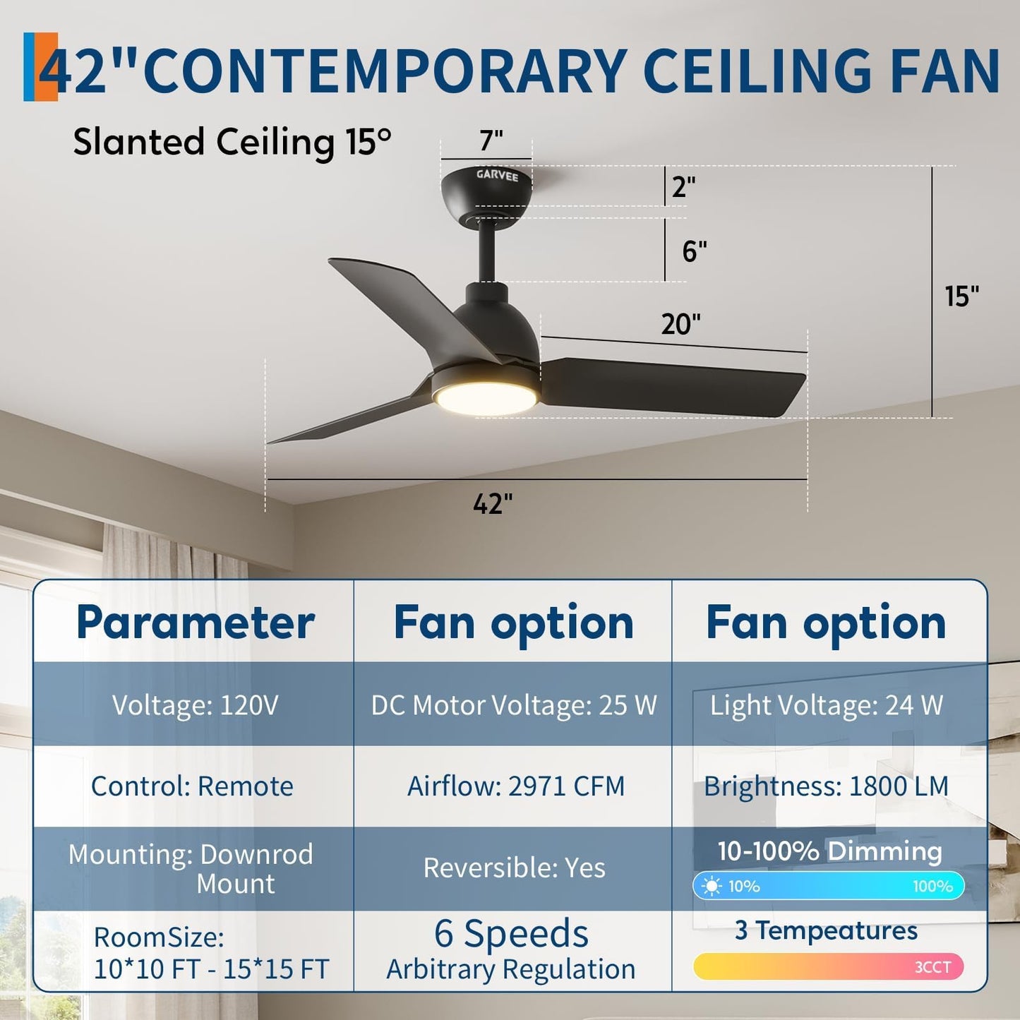 GarveeHome 42 Inch Black Ceiling Fan with Lights and Remote, 3 ABS Blades Modern Low Profile LED Ceiling Fan, 3CCT Dimmable, Quiet 6 Speed Reversible