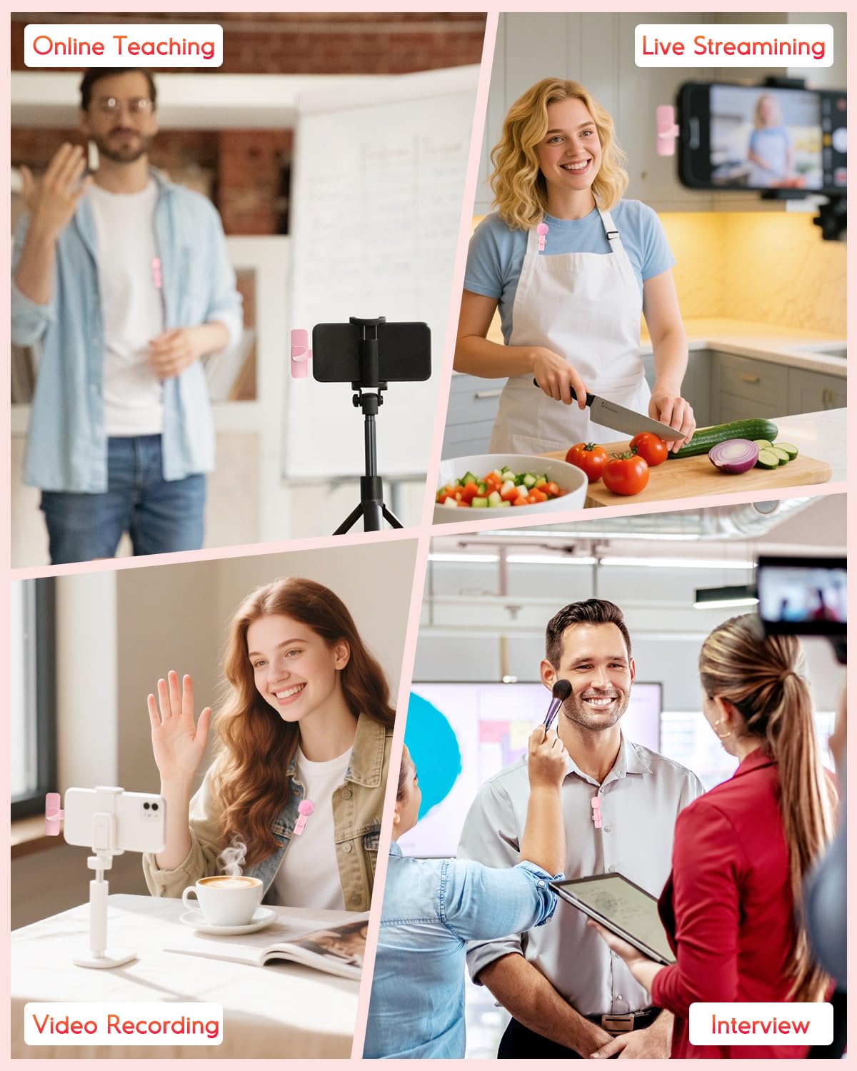 KoXeetech Pink Mini Wireless Microphone for iPhone & Android, Lavalier Microphone with Noise Cancellation, Plug & Play Pink Mic for YouTube, TikTok