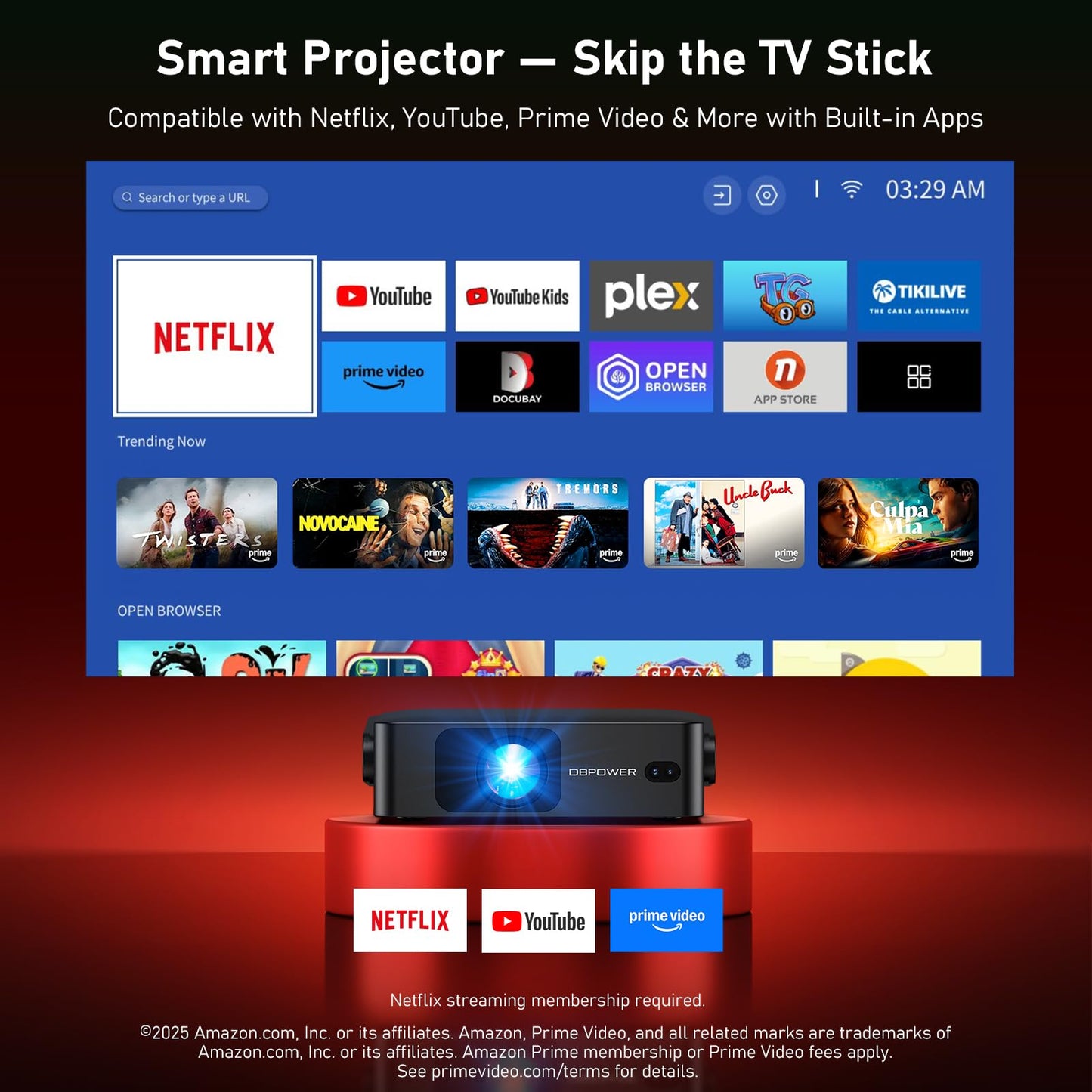 [Ultra-Slim 1.97"| Auto Focus | Built-in Apps | 360° Stand] Smart Mini Projector with WiFi and Bluetooth, Compatible with Netflix, Youtube, Prime
