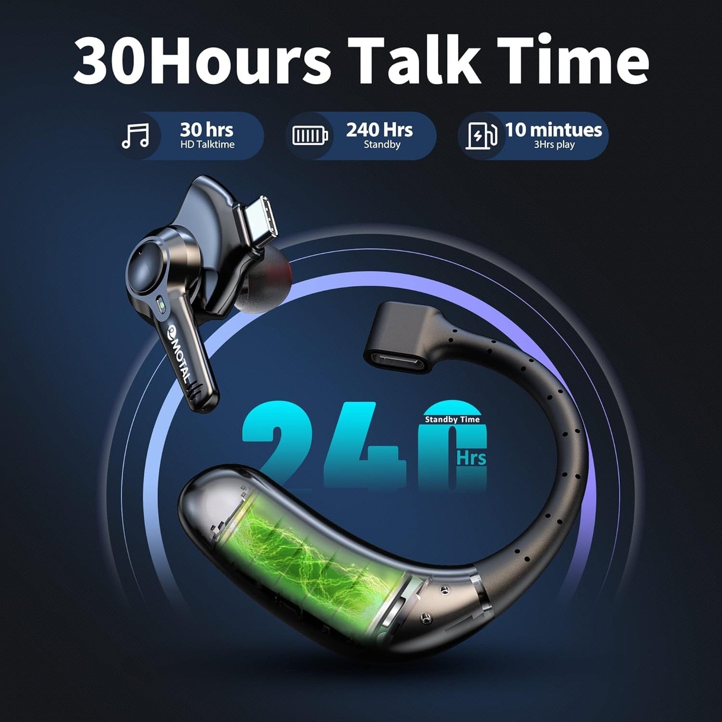 emotal Dual-Mic AI Noise Cancelling Bluetooth Headset for Cell Phones, 10 Days Standby 30Hrs HD Talktime Bluetooth Earpiece IPX6 Waterproof Ultralight