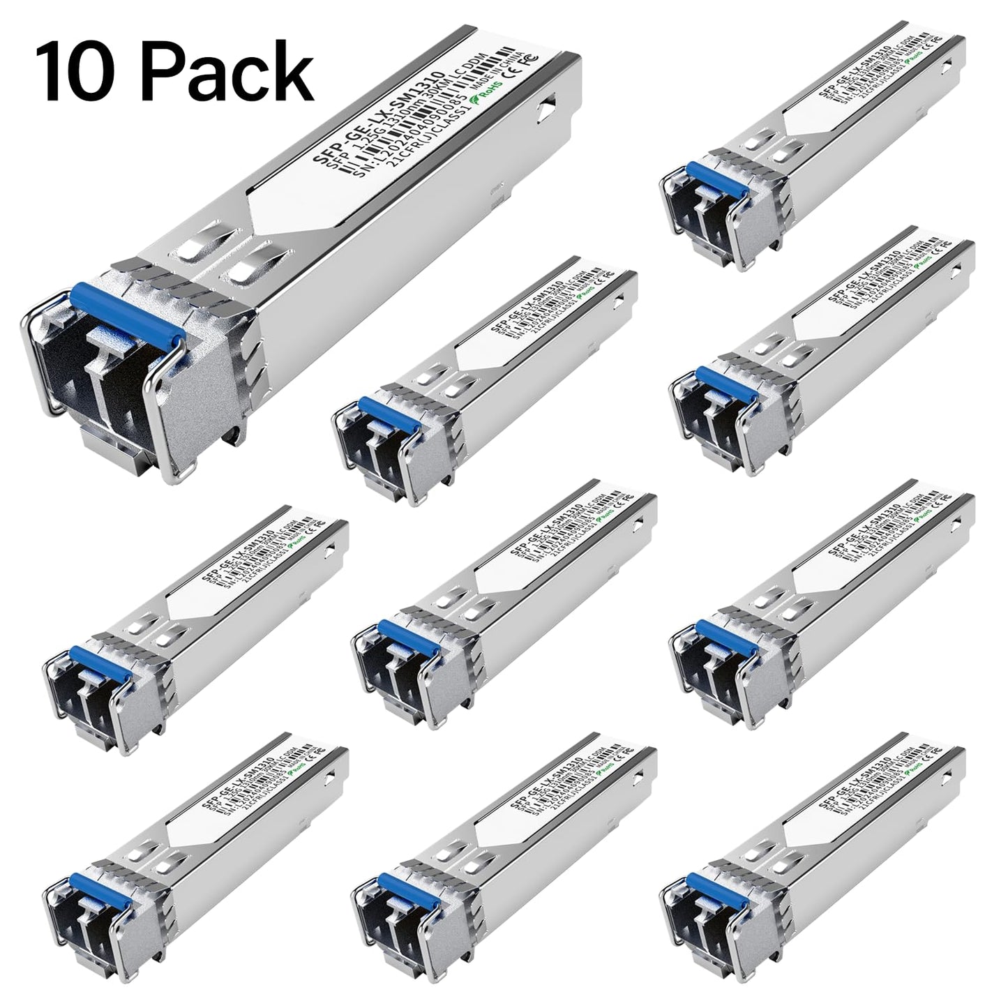 10Pack 1.25G SFP LC Module 1000Base-LX Single-Mode Transceiver (SMF, 1310nm, 20km, DDM) - Compatible with Cisco GLC-LH-SMD, Ubiquiti UniFi, Meraki
