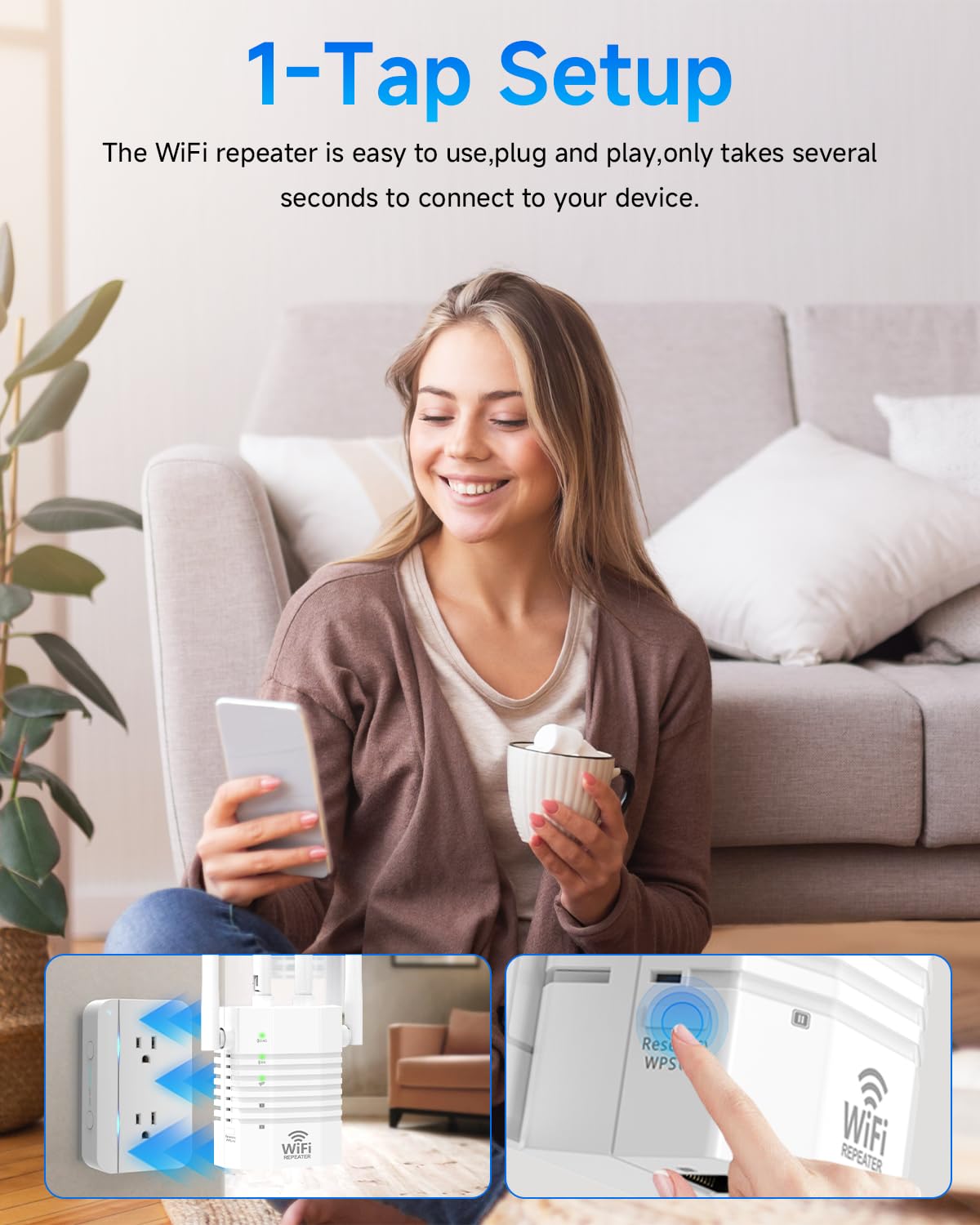 1-Tap Setup WiFi Extender, Dual Band 5GHz/2.4GHz WiFi Signal Booster, 12880 Sq.Ft WiFi Range Extender, 105 Devices Supported, Ethernet Port & High