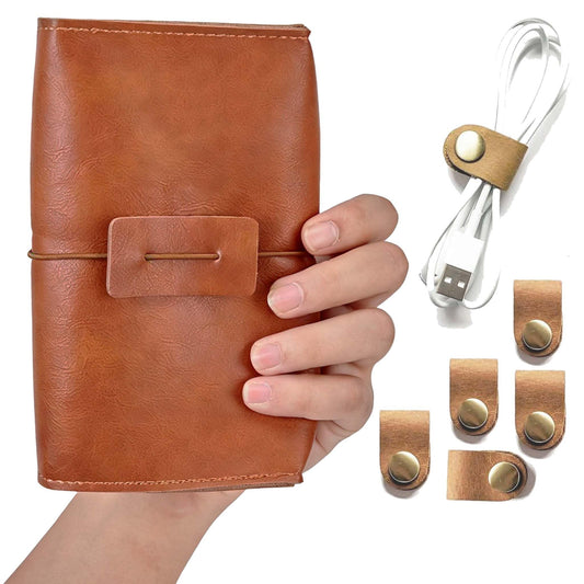 DUWUZEST Vintage Leather Electronic Organizer Travel Case, Cord Organizer for Essentials, Portable Cable Management Bag with Elastic Bands & 5pcs Cord