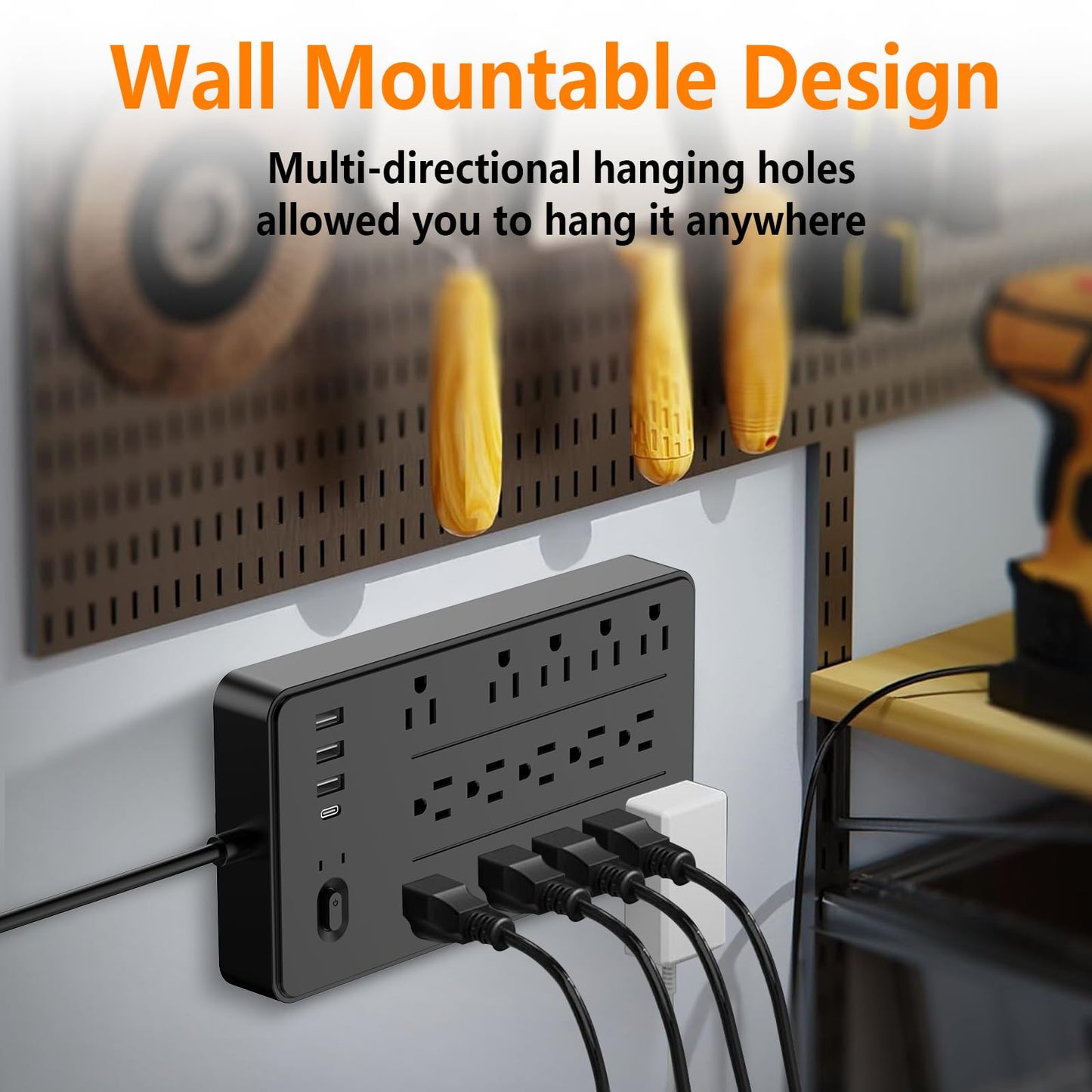 5 FT Flat Plug Surge Protector Power Strip,15 Multiple AC Outlets with 4 USB Ports (1 USB C), 5 Feet Extension Cord, 1625W/13A, One Touch Switch