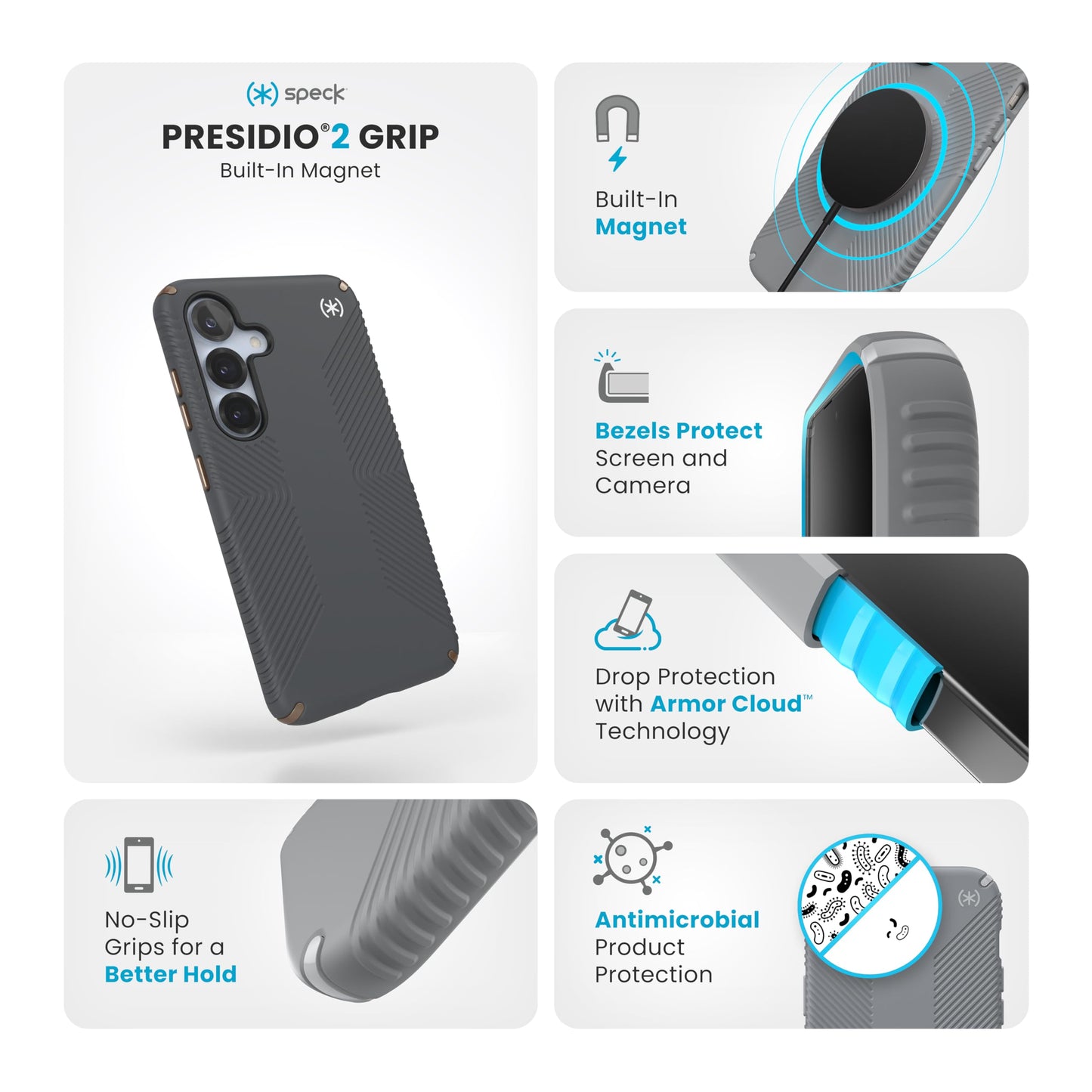 Speck Samsung Galaxy S25 Case - Presidio 2 Grip + Magnet, 13-Foot Drop Protection, No-Slip Grips, Raised Bezel, Enhanced Buttons, Charcoal Grey/Cool