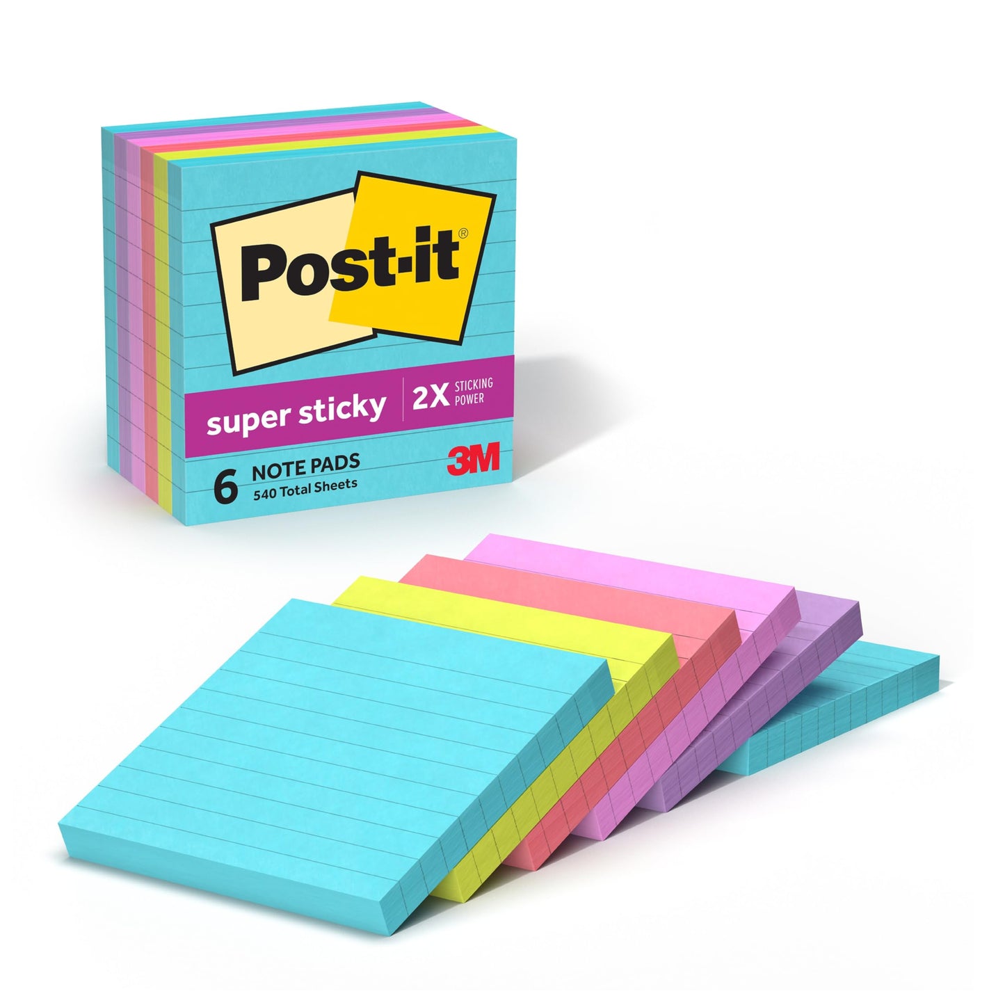 Post-it Super Sticky Notes, 4 x 4 in, Supernova Neons, 6 Lined Pads