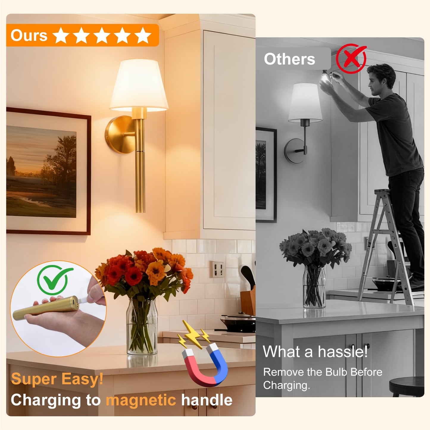 NoxLumina Battery Operated Wall Sconce Set of Two, 5200mAh Magnetic-Handle Rechargeable Sconces Wall Decor with Remote, Gold Wireless Wall Lights Lamp