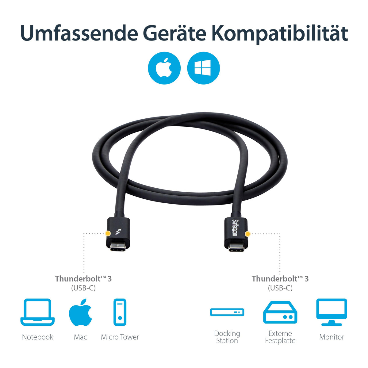 StarTech 3.3ft/1m Passive Thunderbolt 3 Cable 20Gbps, 4K60, 100W, Certified