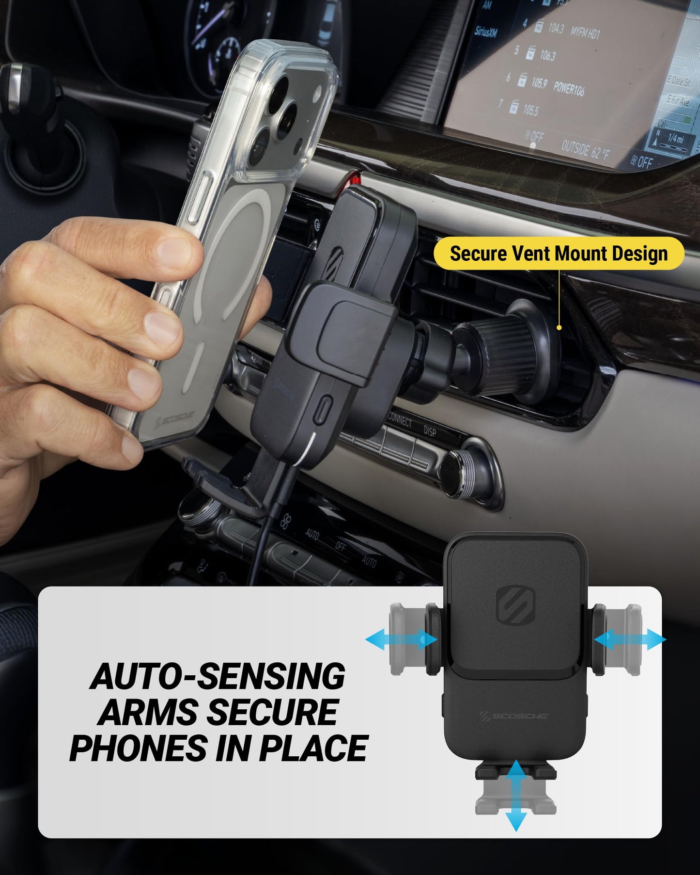 Scosche Wireless Car Charger, Auto Clamping Car Vent Phone Mount, Cell Phone Holder Charger with Twist-to-Secure Hook, 360° Rotation, Compatible
