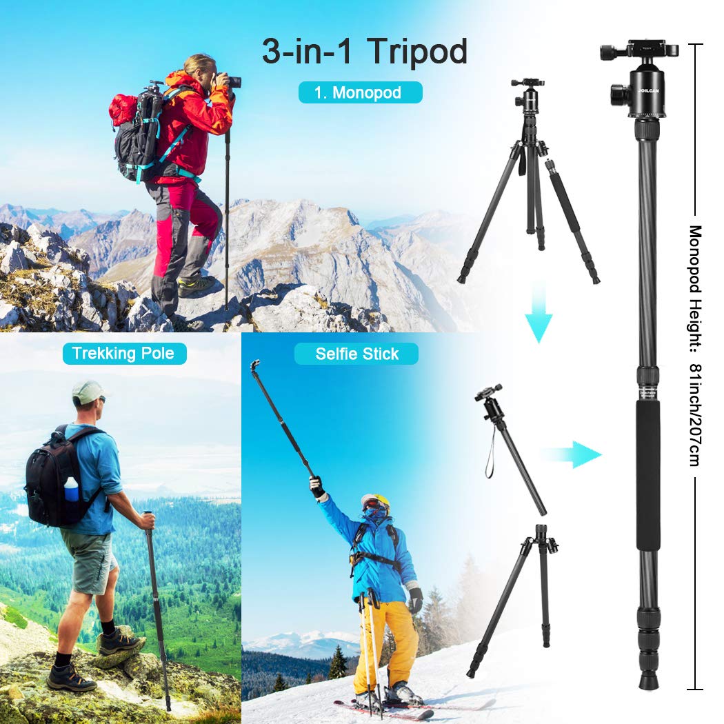 JOILCAN 81" Carbon Fiber Camera Tripod,Professional Tripod Monopod with 360 Degree Ball Head and Carrying Case for Travel and Work Load up to 35Ibs