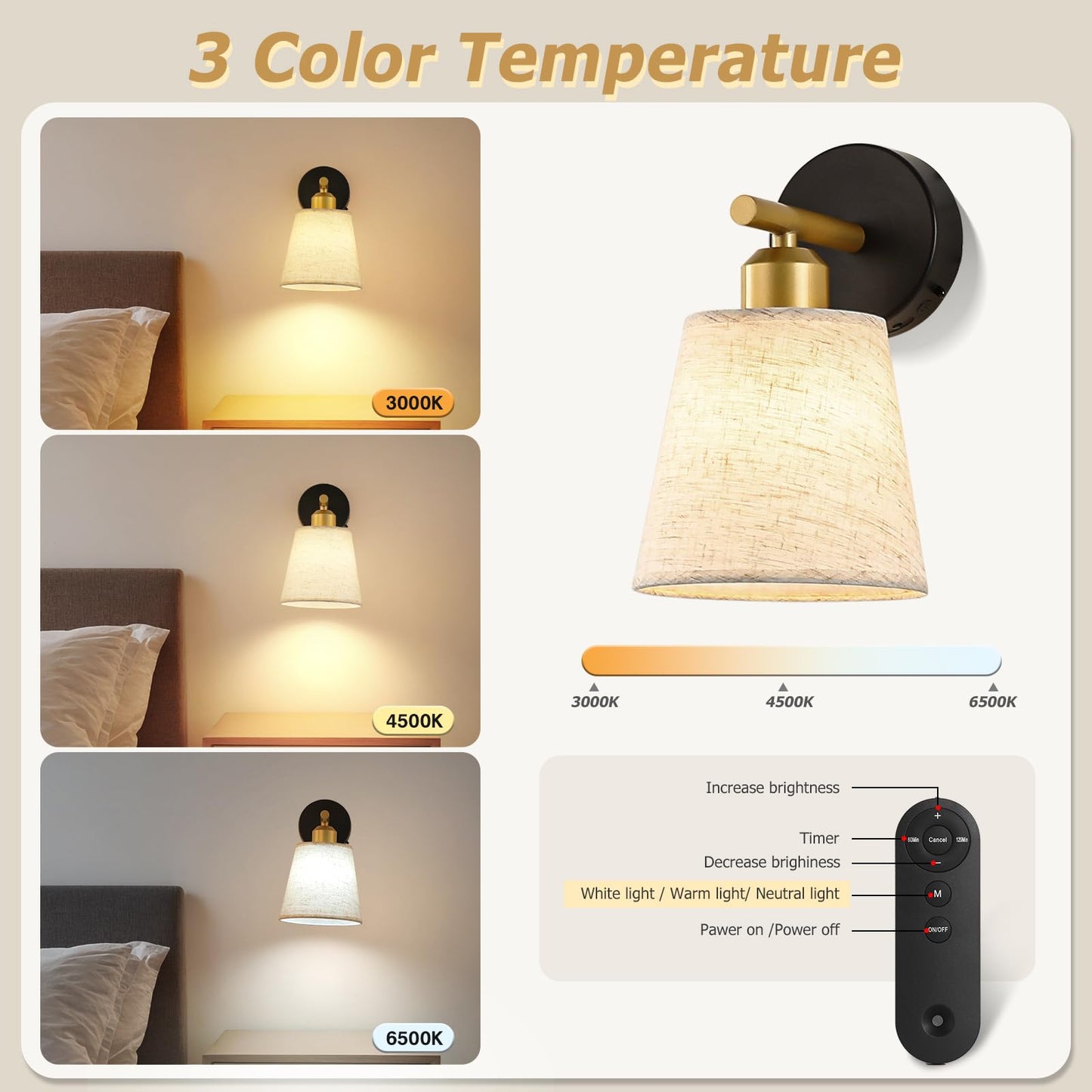 JOOSENLUX Battery Operated Wall Sconce Set of 2 with Fabric Shade - Rechargeable Cordless Wall Lamps, Remote Control, Dimmable LED, Black and Gold