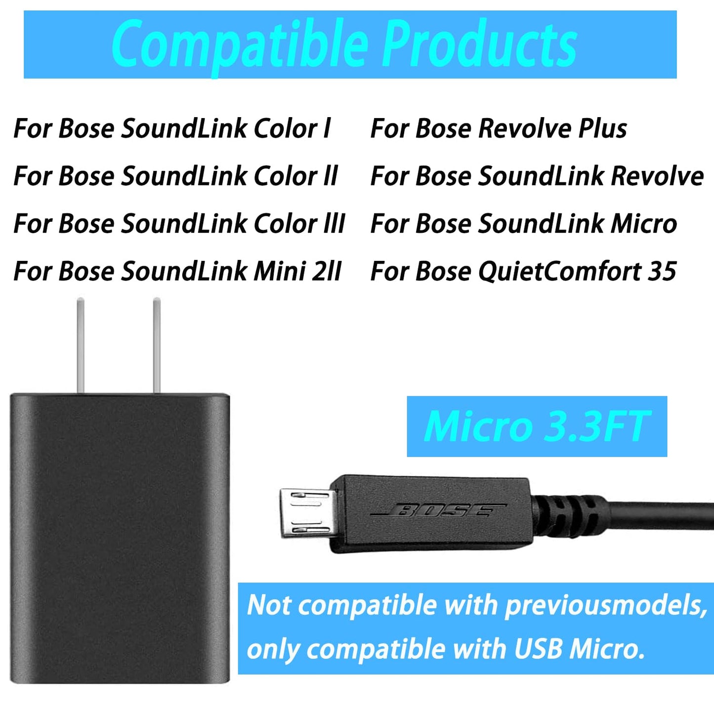 Replacement Bose charging cable for SoundLink Color I, II, III,mini 2, charger Compatible with Bose SoundLink Revolve Plus, QuietComfort 35 i/ii