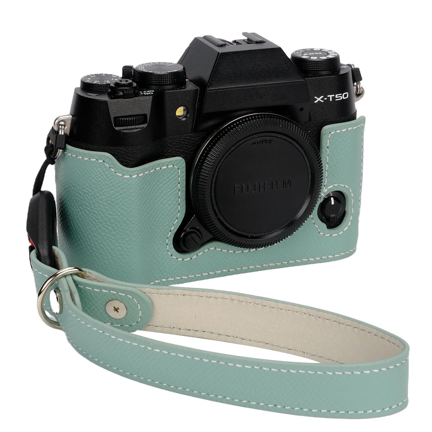 Bowan X-T50 Camera Case, Handmade Genuine Real Leather Half Camera Case Bag Cover for Fujifilm X-T50 Camera Bottom Opening Version + Hand Strap (Mint