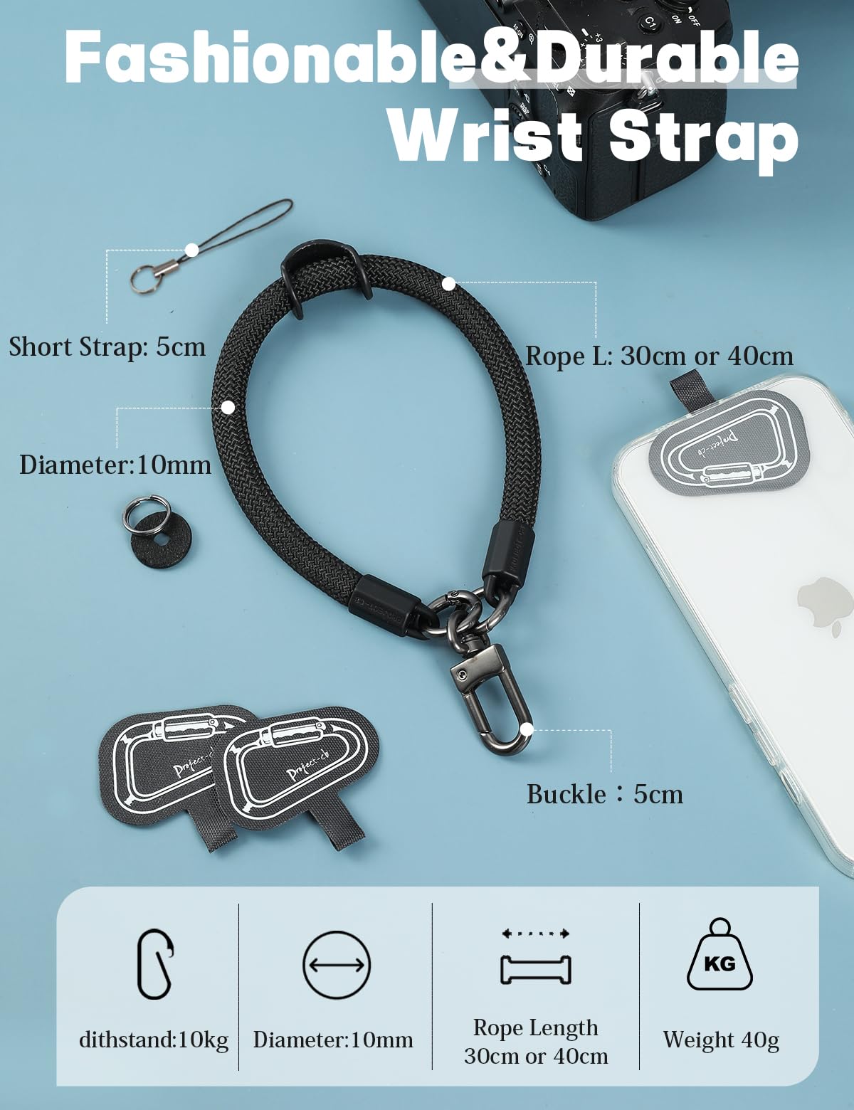 project-cb Hand Wrist Phone Strap,Phone Lanyard Patch ×2,Cell Phone Case Holder,Wristlet Strap for Key,AirPods,Camera (Black, 12inch)