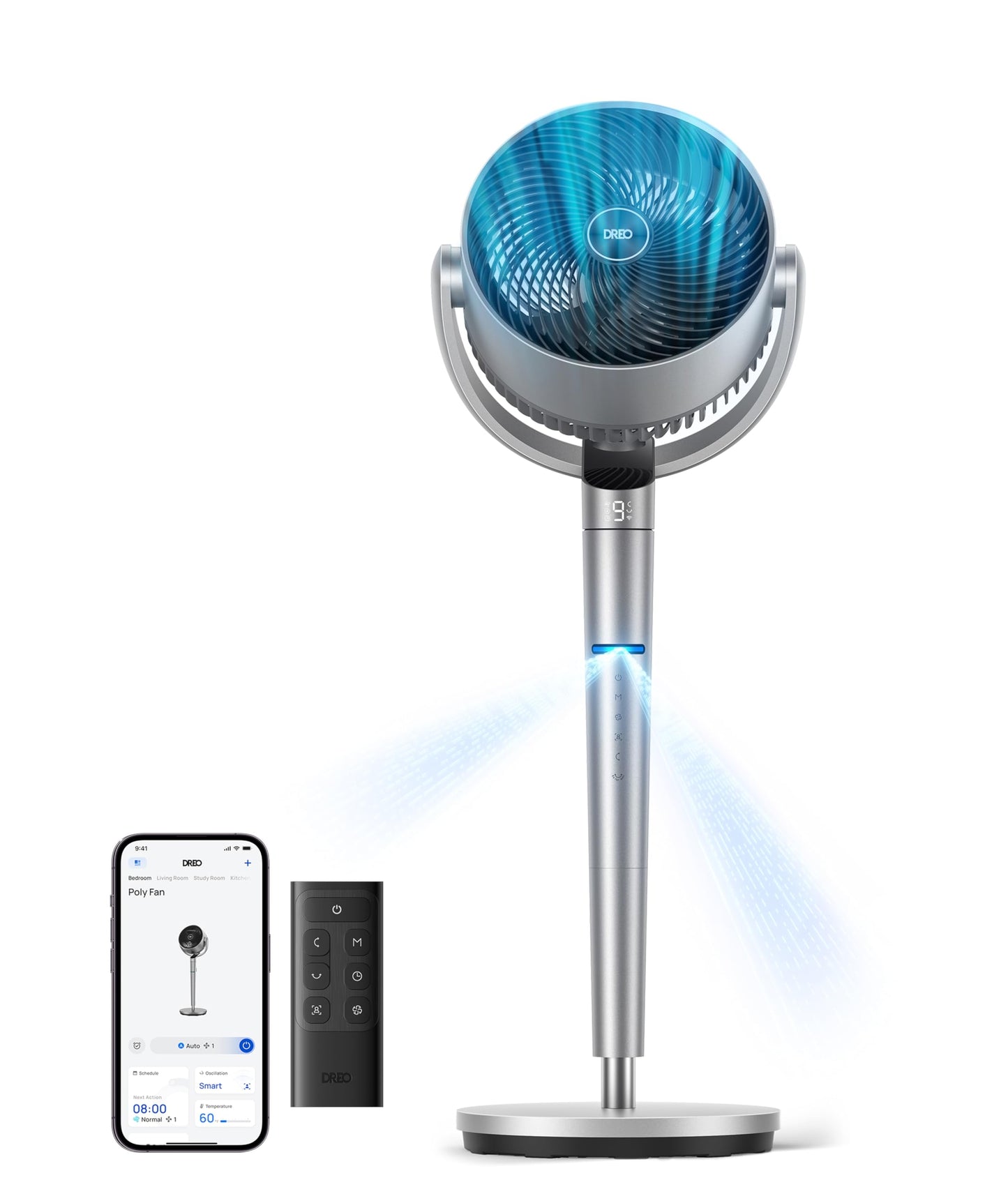 DREO Smart Fan for Bedroom, Position-based Oscillation, 150°+120° 3D Oscillating Fan, 110ft Pedestal Fans with Wi-Fi/Voice/Remote, Standing Fans Work