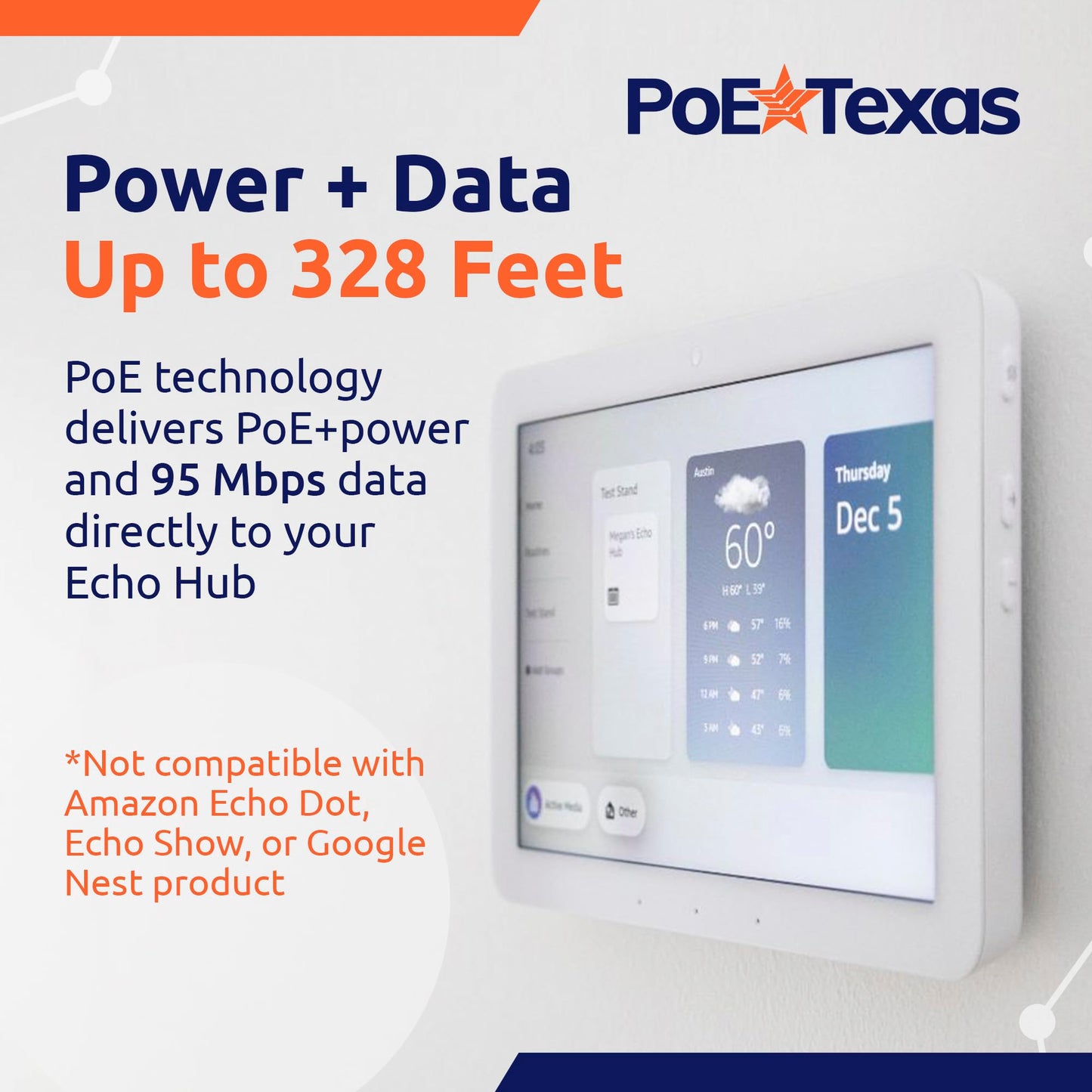 PoE Texas at-HUB PoE+ to USB-C Power and Data Delivery for Amazon Echo Hub Smart Home Control Panel - Power Output, 10/100 Mbps Speeds with USB-C