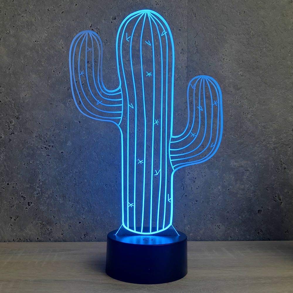 Jinnwell 3D Cactus Flower Night Light Lamp Illusion Led 7 Color Changing Touch Switch Table Desk Decoration Lamps Gift with Acrylic Flat ABS Base USB
