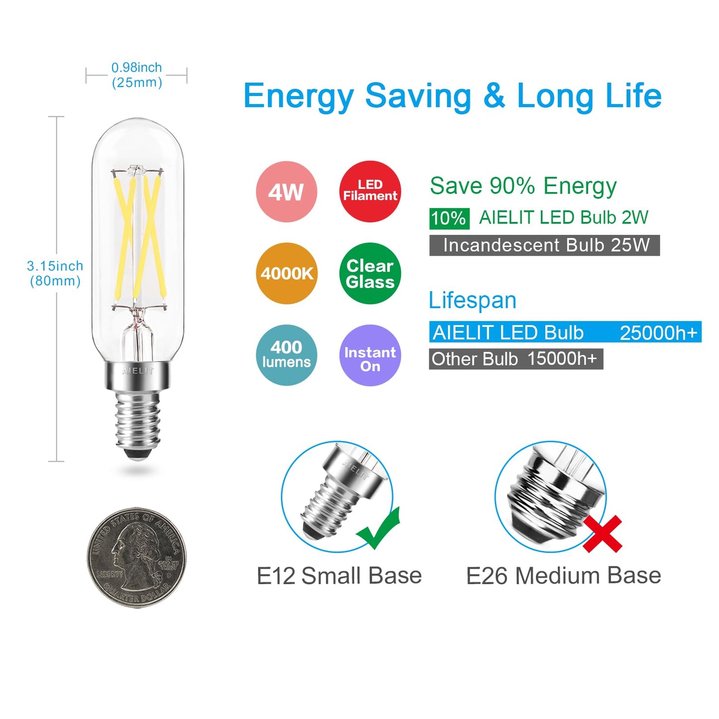 AIELIT T8/T6/T25 E12 LED Light Bulbs 40-Watt Equivalent, Natural White 4000K, Clear Glass, Tubular 4W Dimmable LED Filament Bulb for Home, Restaurant