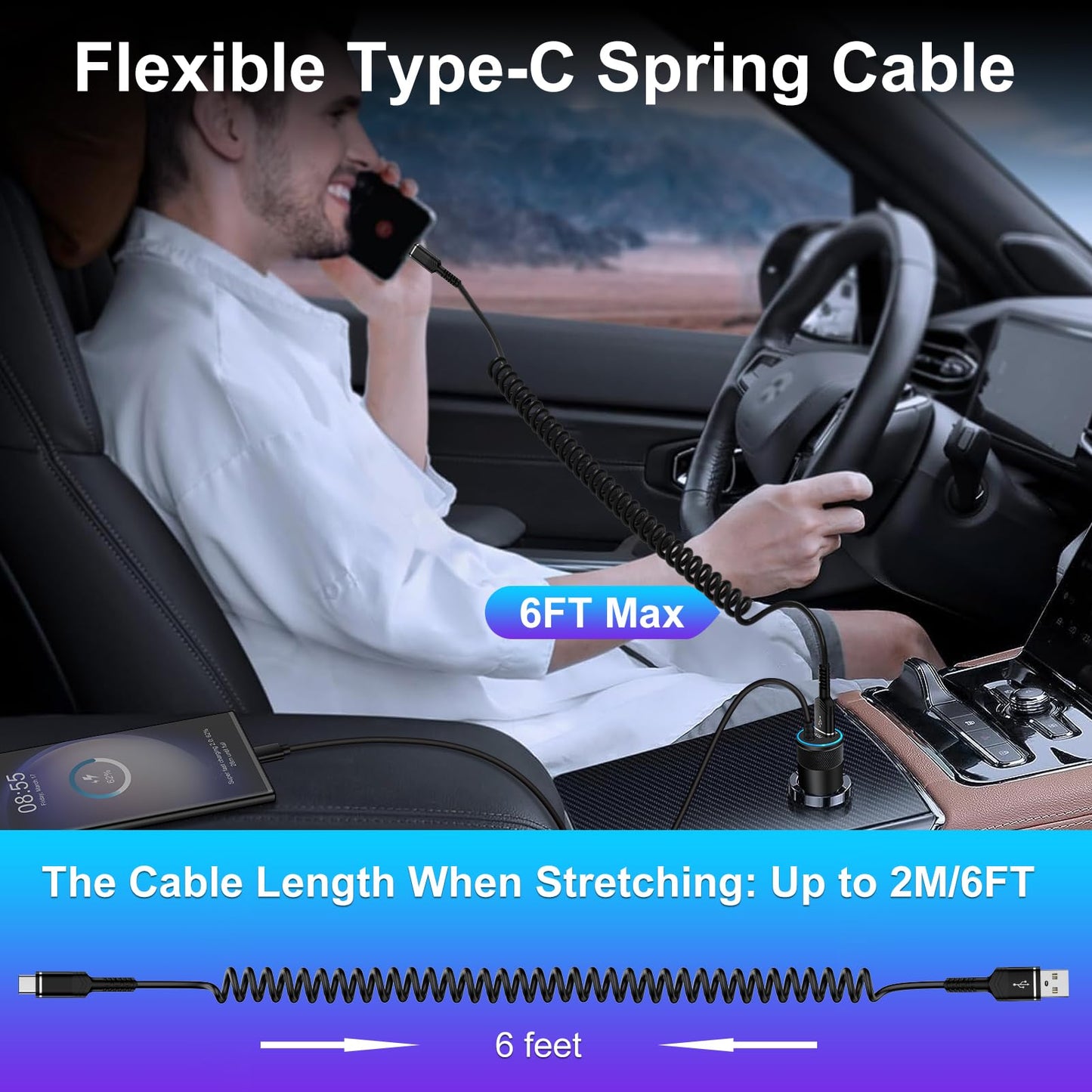 USB A to USB C Cable Coiled Car Charger Cord 6FT for iPhone 16e 16 Pro Max,16 Plus,16 Pro,16,15 Pro Max 15, Samsung Galaxy S24 FE Ultra A15 A35 A55