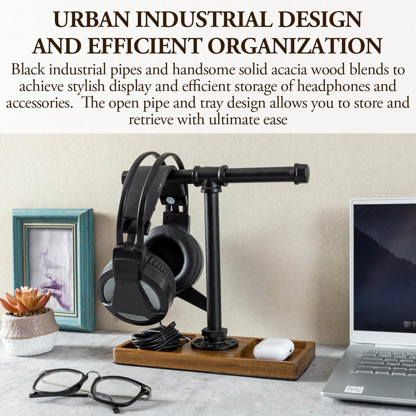MyGift Premium Acacia Solid Wood and Industrial Black Metal Pipe T-Bar Over Ear Headphones Holder, Tabletop Dual Headphone Display Stand…