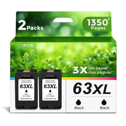 Ankink 63XL Ink Cartridges Replacement for HP 63 XL (Black 2-Pack) Work with HP63 3830 4650 4652 4655 5200 5252 5255 5258 4520 4512 1112 2132 3630