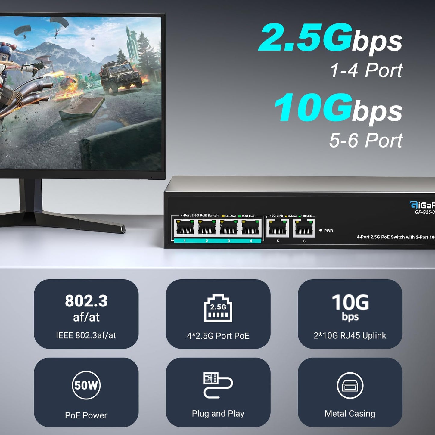 6 Ports 10Gb Unmanaged PoE Ethernet Switch with 4*2.5G Base-T PoE Ports, 2*10G RJ45 Ports. 60Gbps Switching Capacity, GiGaPlus 10Gbps Network Switch