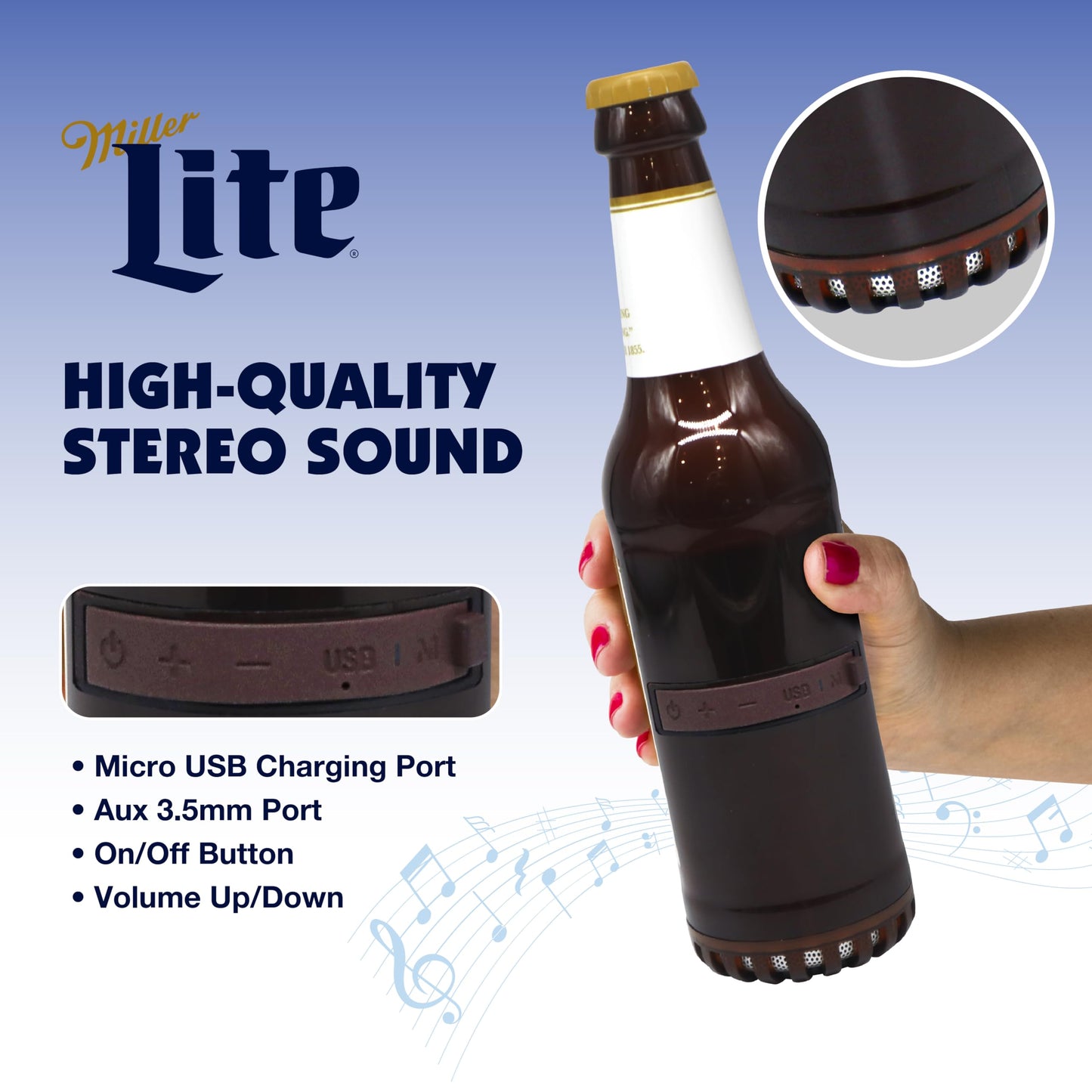 Miller Lite Bottle Shape Bluetooth Speaker with High-Fidelity Stereo, Splash Proof, 6H Playtime & AUX Port - Ideal for Outdoor, Indoor Parties
