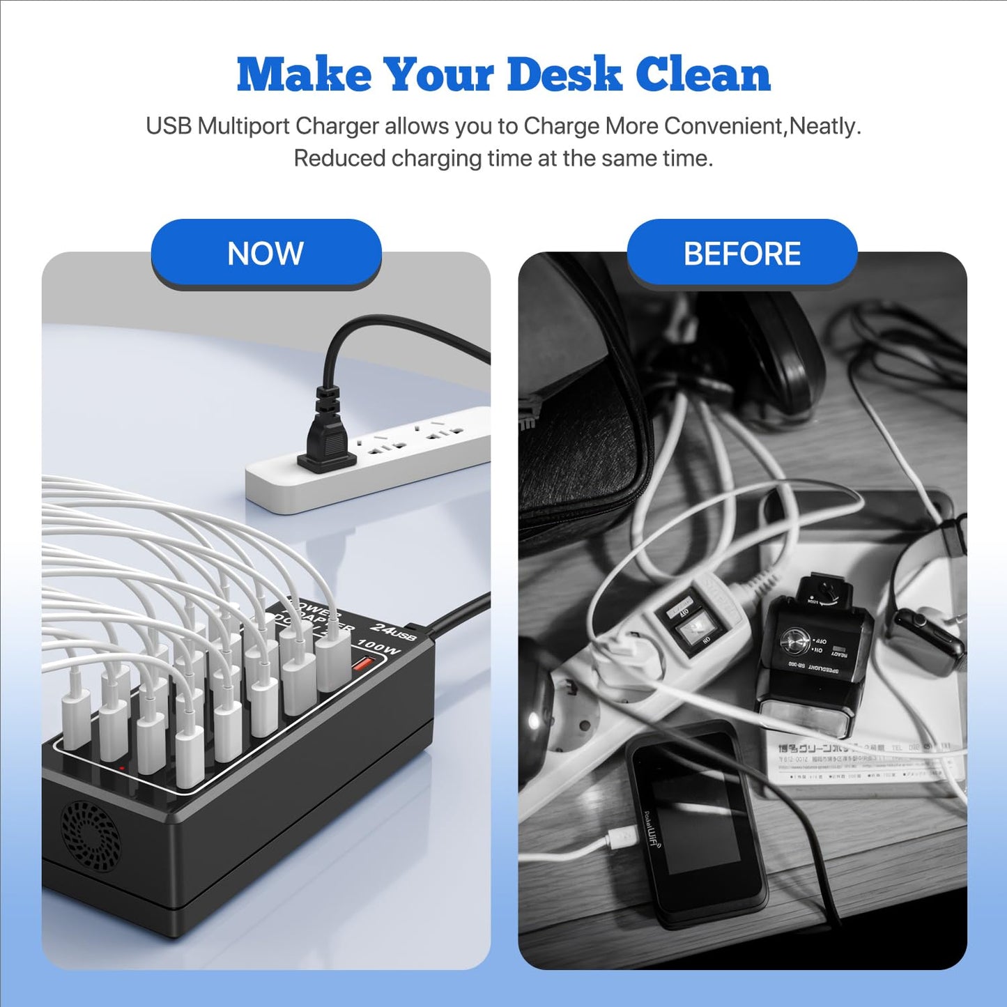 USB Charging Station Block, USB C Charger Station 24-Port 100W(20A), USB A Charger Block, Fast Charger Desktop Station, Multi-Function Smart Charger