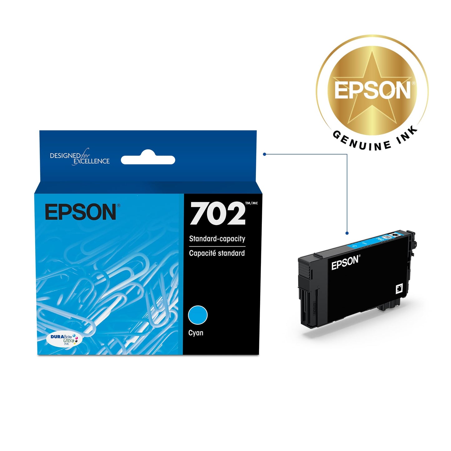 EPSON 702 DURABrite Ultra Ink Standard Capacity Cyan Cartridge (T702220-S) Works with WorkForce Pro WF-3720, 3730, 3733