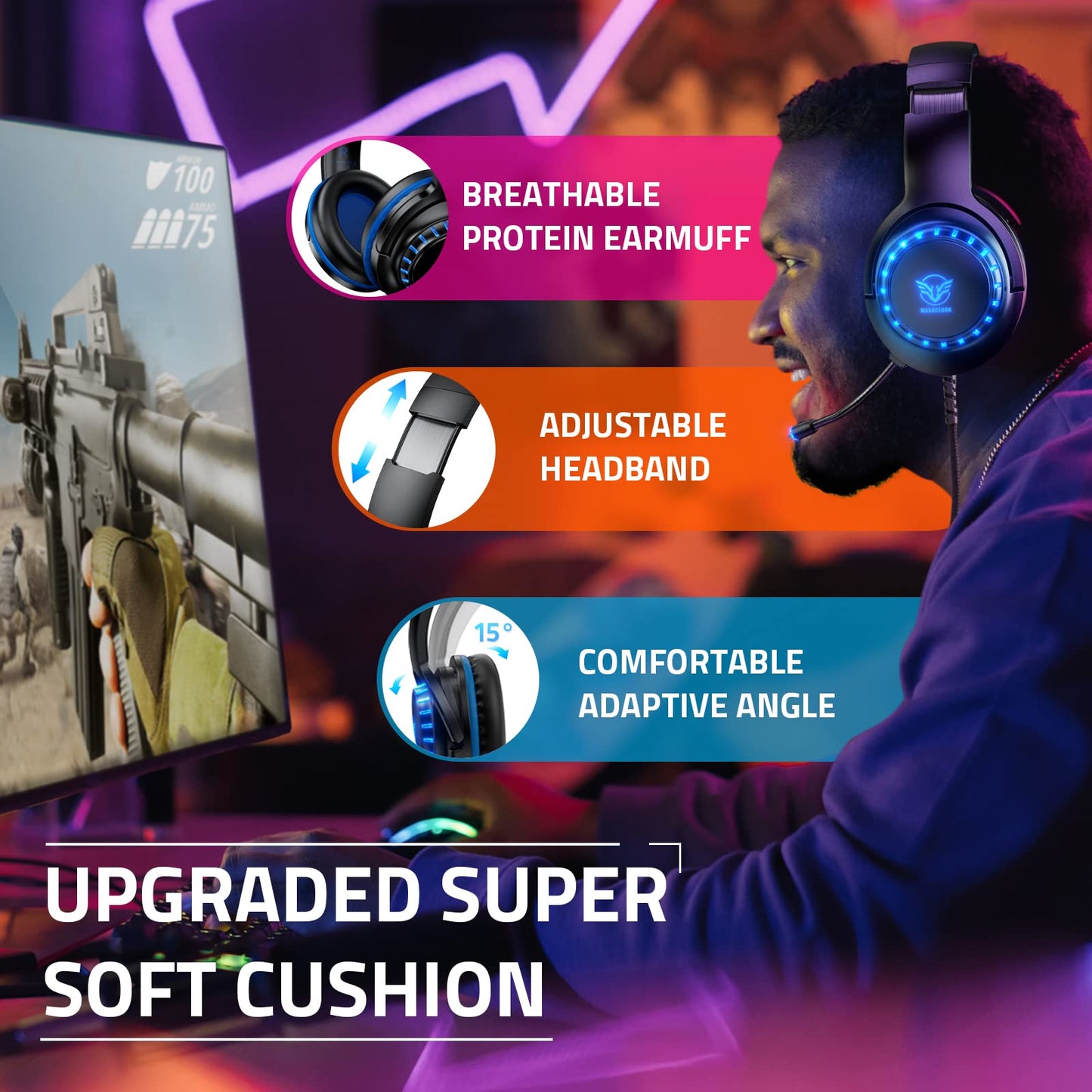 Pacrate Gaming Headset for PS5/PS4/Xbox One/Nintendo Switch/PC/Mac, PS5 Headset with Microphone Xbox Headset with LED Lights, Noise Cancelling PS4