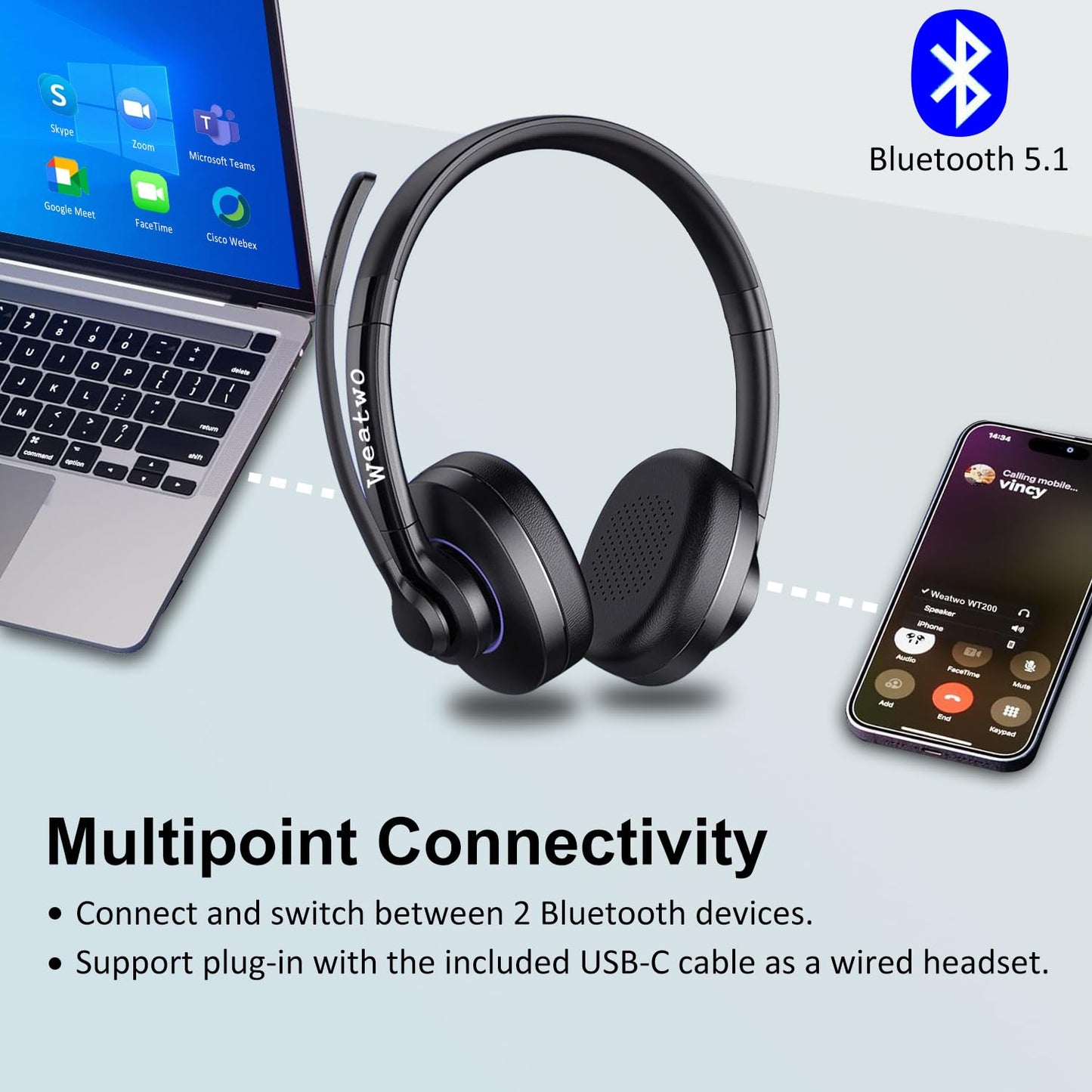 Weatwo Bluetooth Headset with Noise Cancelling Microphone & Mic Mute, 30H+ Talking Time Wireless Headset V5.1 Bluetooth Headphone for Work/Ms…