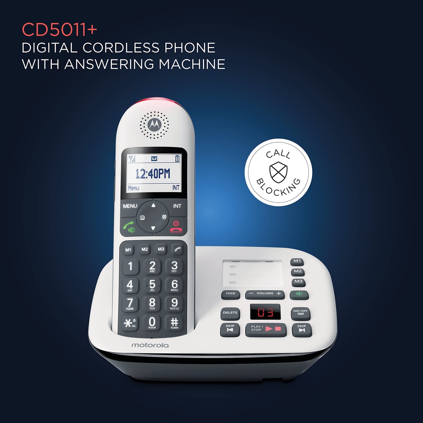 Motorola CD5011 Cordless Phone with Answering Machine and 1 Handset | DECT 6.0, Big Buttons, Large Backlit Display, Audio Assist Volume Boost, Call
