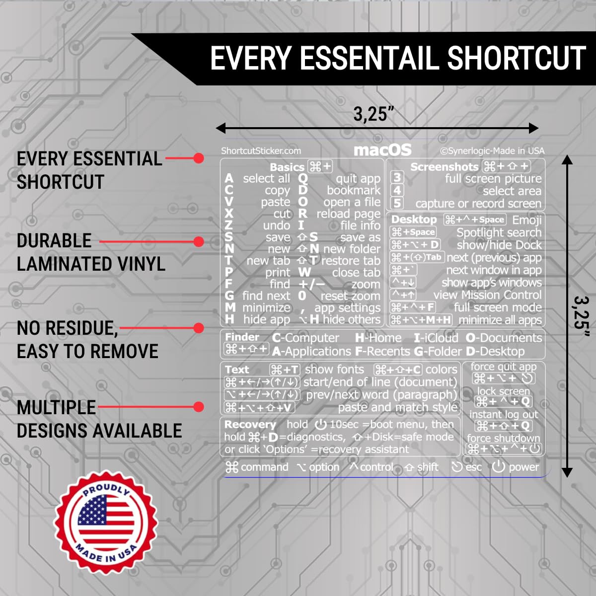 Synerlogic (2pcs) Mac OS Shortcuts Sticker | Keyboard Stickers for macOS | No-Residue Laminated Vinyl MacBook Cheatsheet for Laptop | MacBook