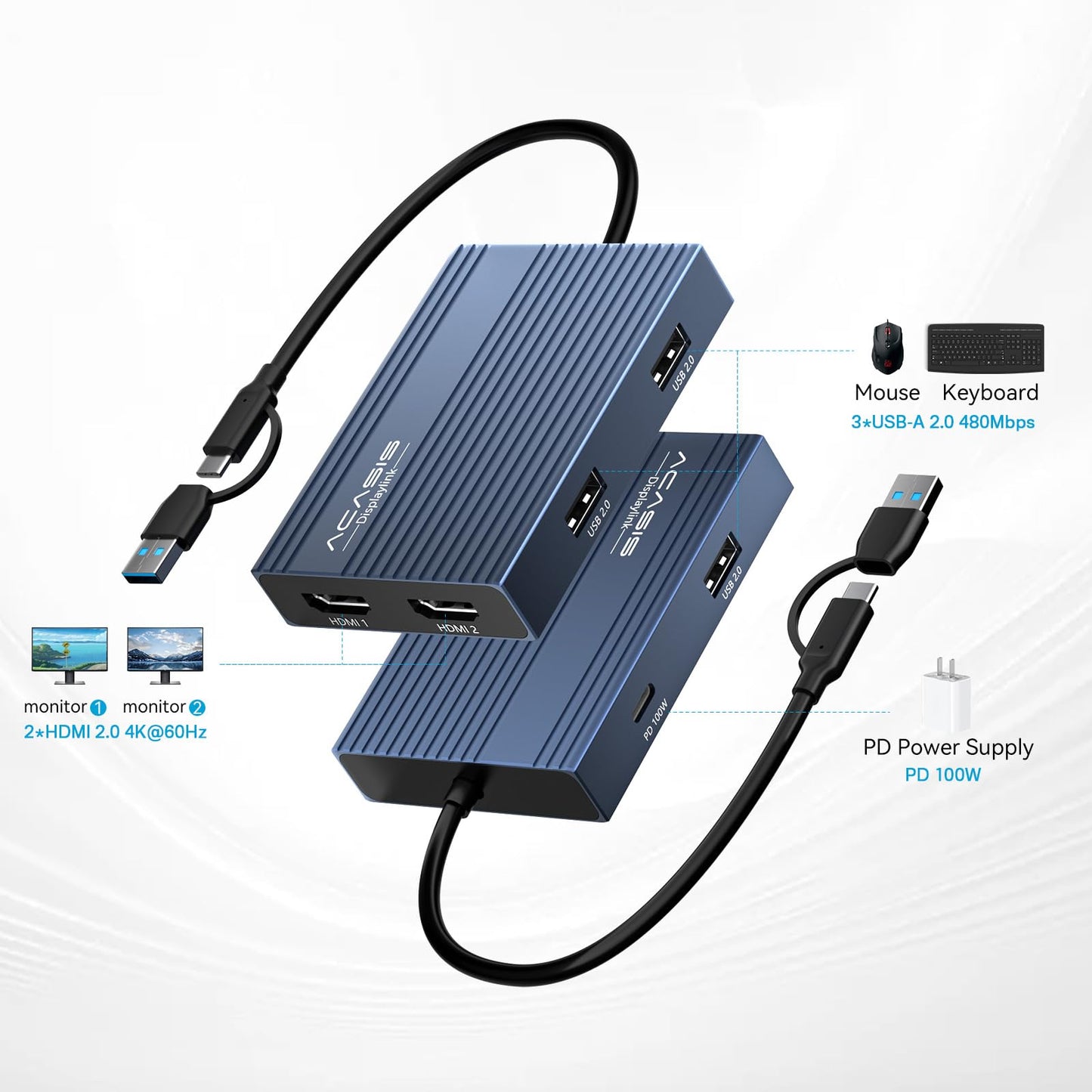 ACASIS USB C to Dual HDMI DisplayLink Adapter, 4K@60Hz, 2 HDMI & 3 USB-A Ports, 100W PD Charging, USB C DisplayLink Docking Station for Mac