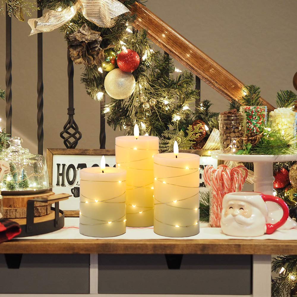 DRomance Flameless Flickering Candles String Light with Remote Timer Set of 3 Battery Operated LED Pillar Candles Real Wax 3D Wick Yellow Light