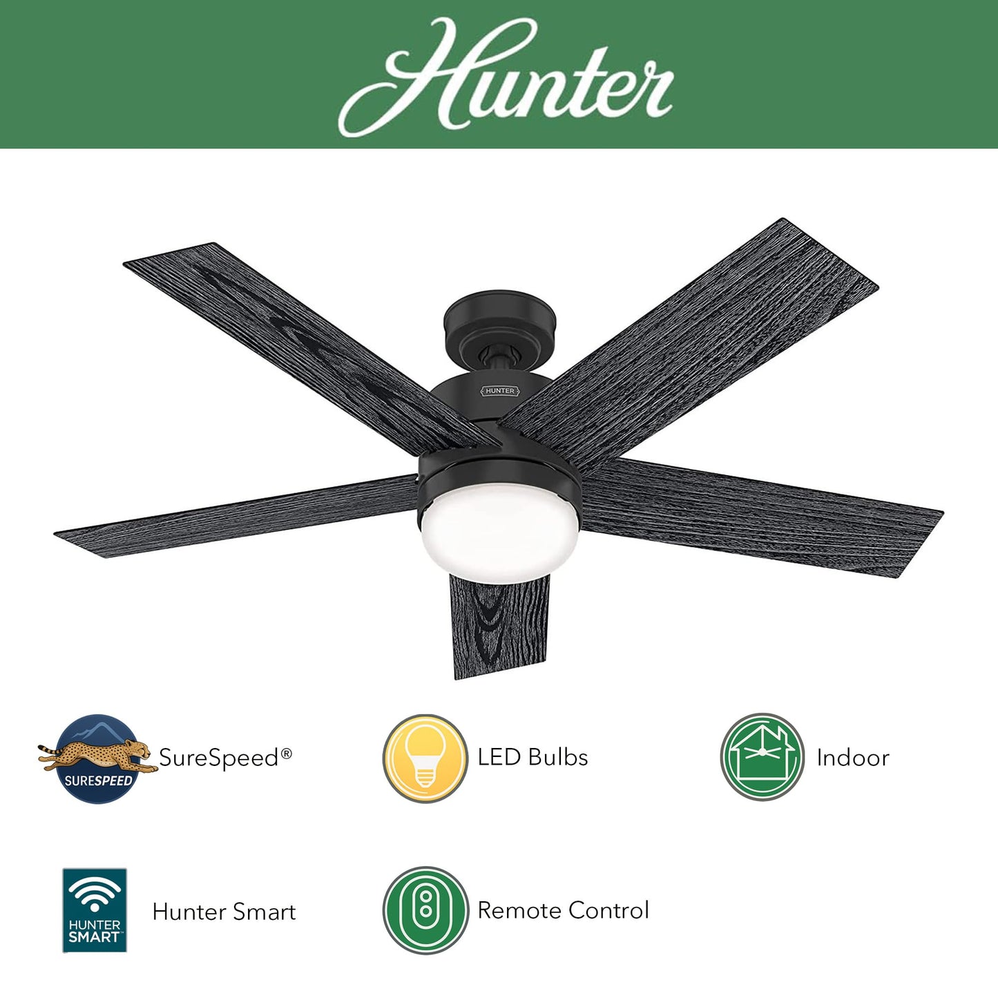 Hunter Fan 52 inch Casual Matte Black Indoor Ceiling Fan with LED Light Kit and Remote Control (Renewed)