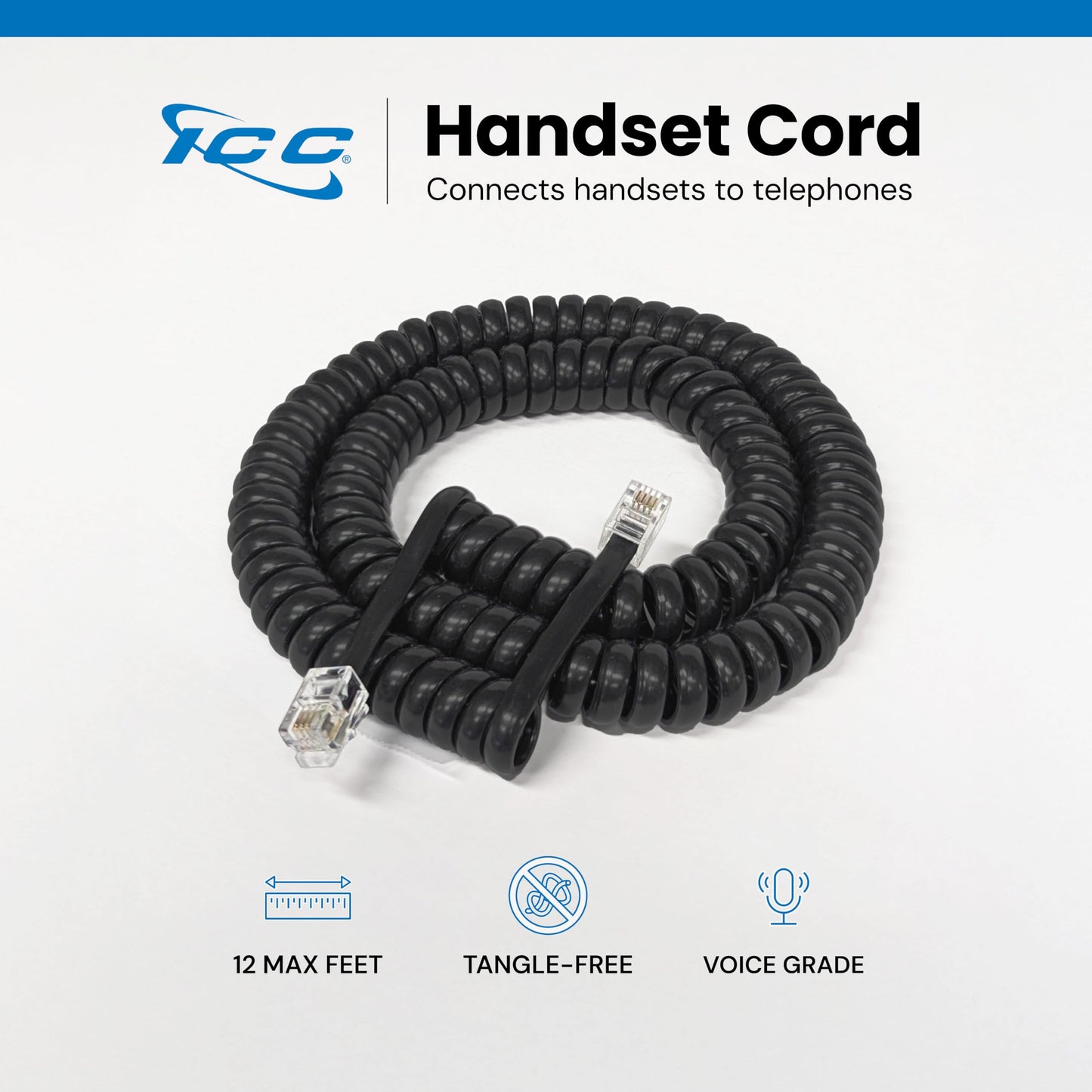 ICC Telephone Handset Cord/Phone Cord, 12 Ft - RJ9 (RJ22) Connectors, Flat Black, 10-Pack - Curly Coiled Tangle-Free Design for PBX & VoIP Phones